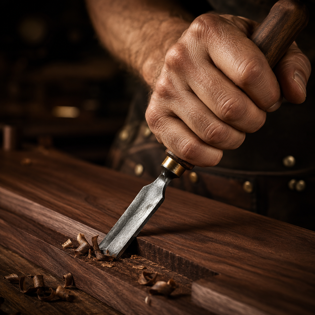 Carpenter with a chisel in his hand crafting a custom-made piece of furniture and amenity