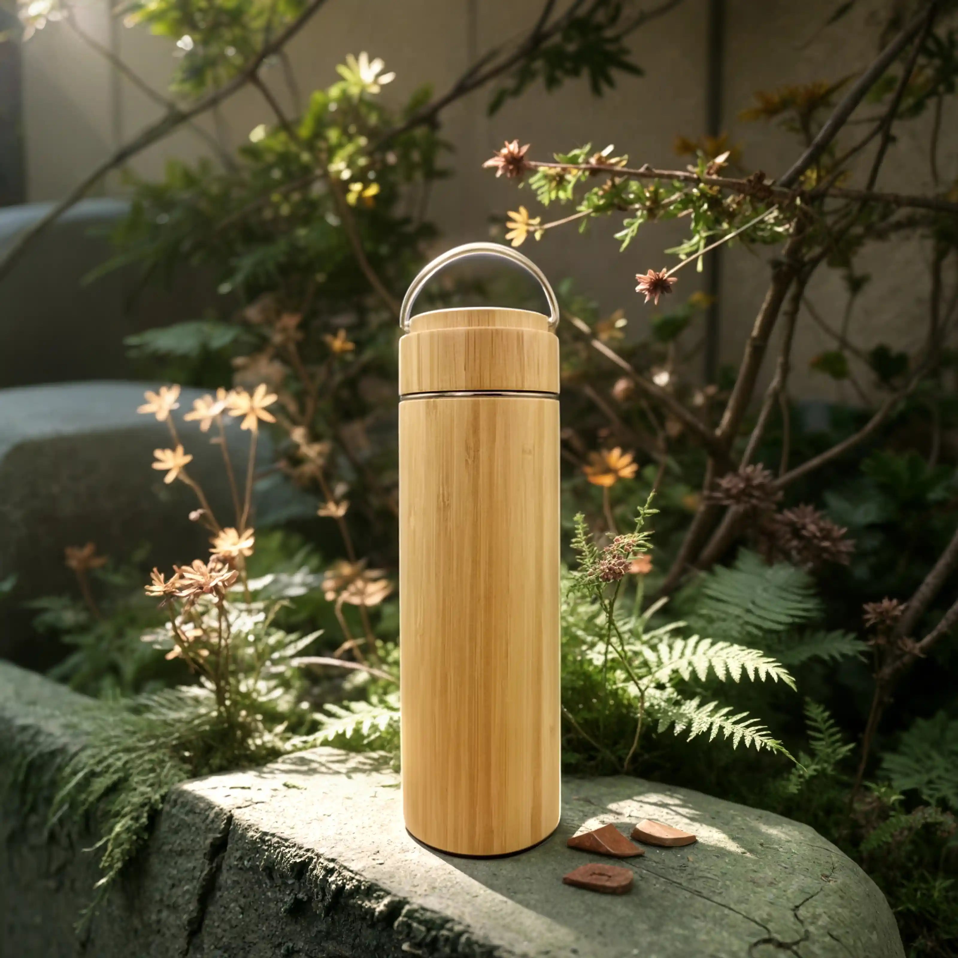 The bamboo thermos is placed elegantly on a rock surrounded by vegetation under the sunlight.