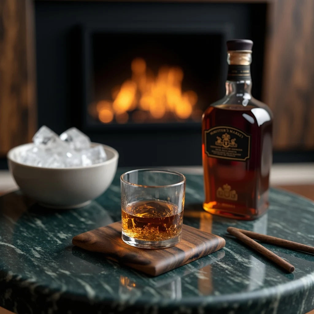 Elegant walnut coaster holding a glass in a modern living room setting, illustrating versatility.