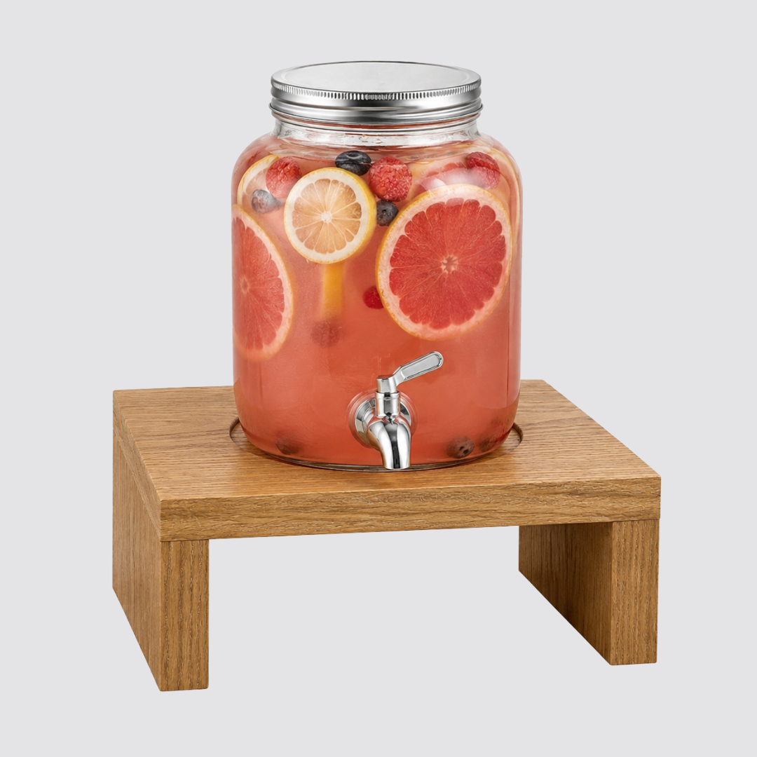 Wooden beverage jar support with raised platform for easy drink serving