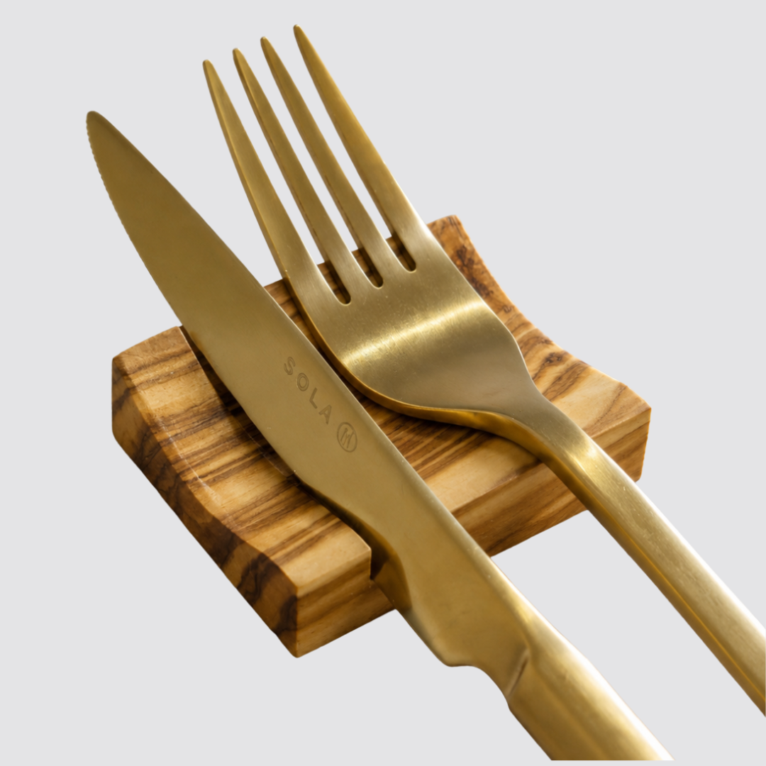 Custom olive wood cutlery rest for restaurant table presentation