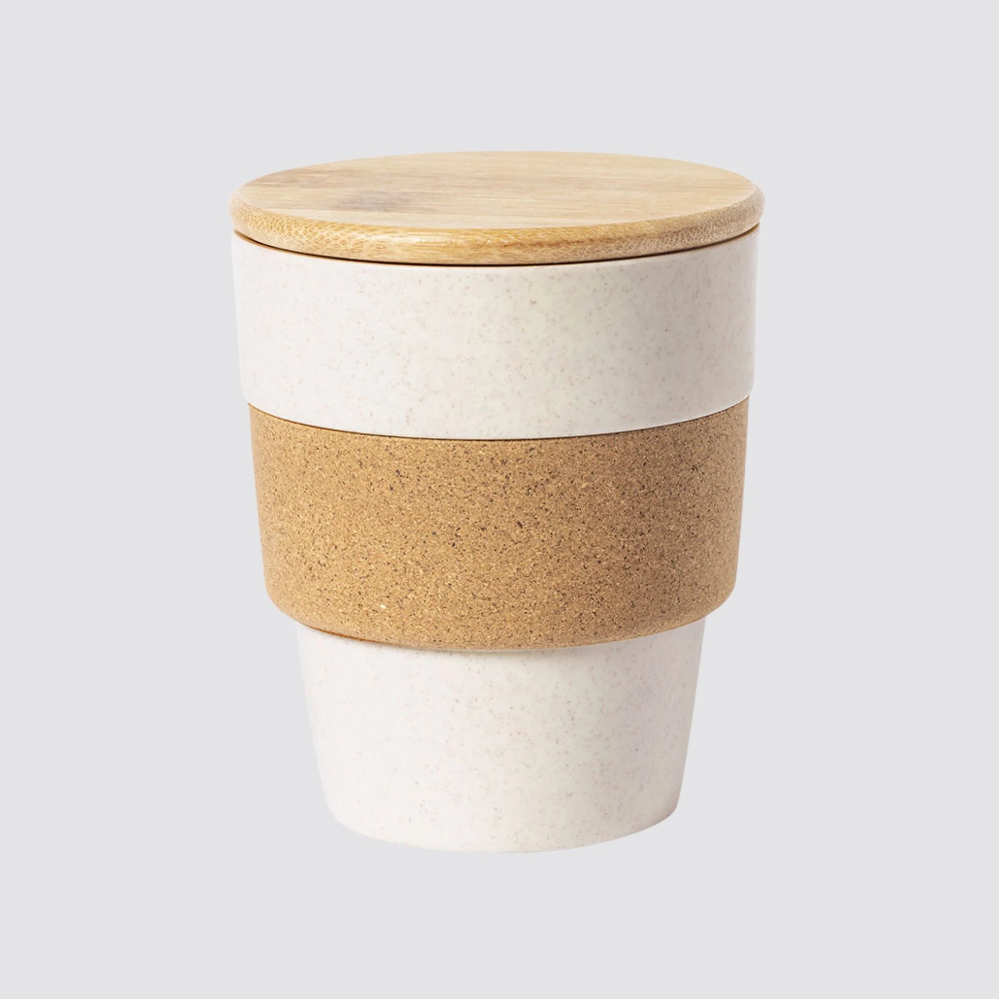Bamboo lid mug with a cork band, designed for sustainable travel.