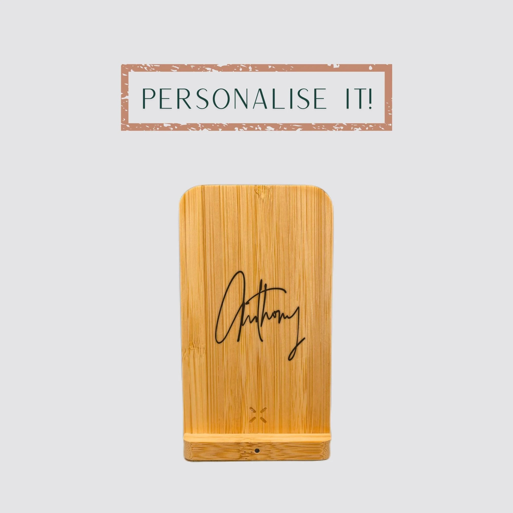 The bamboo wireless charger is personalised and suitable for unique gifting.