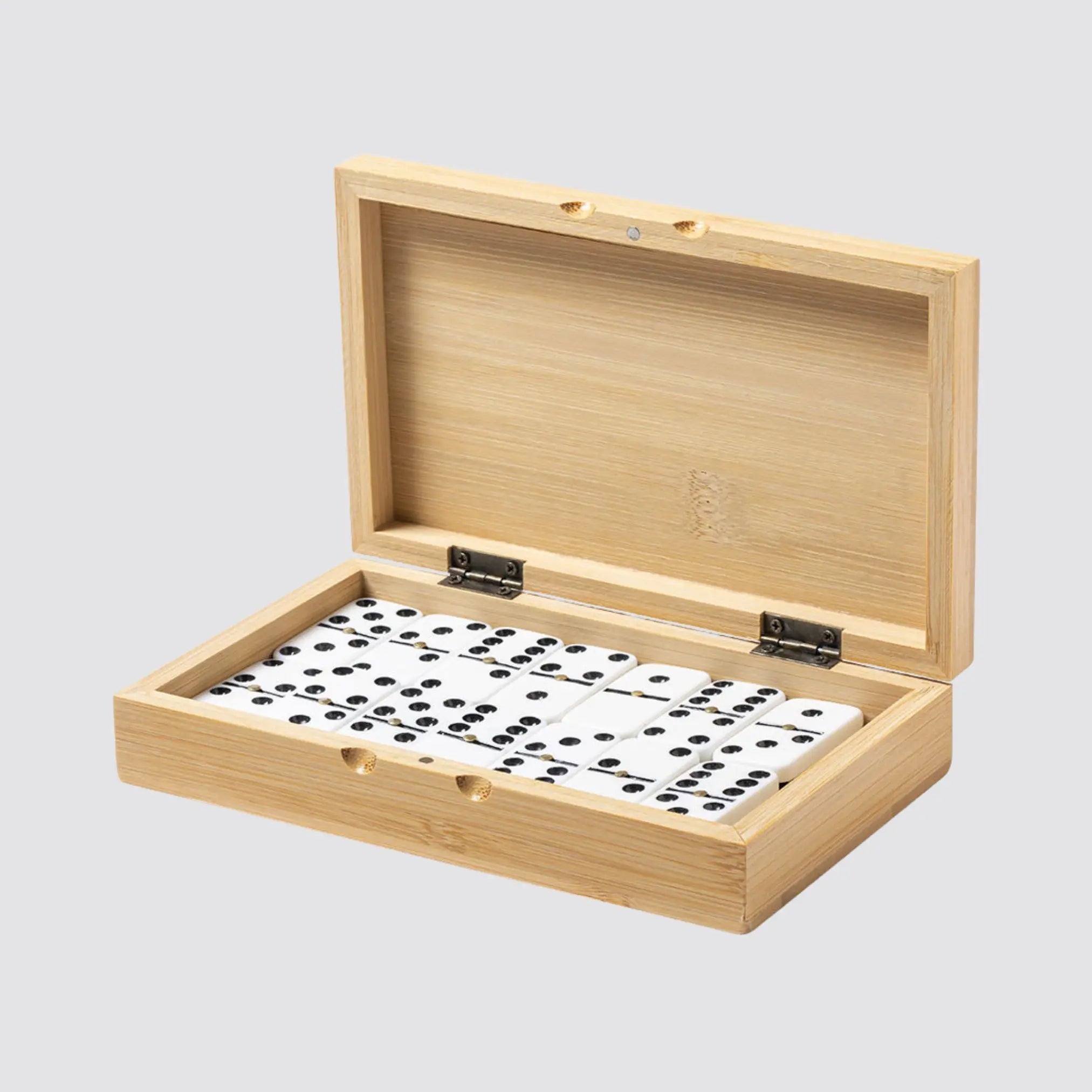Front view of the classic domino set featuring a bamboo case and melamine tiles.
