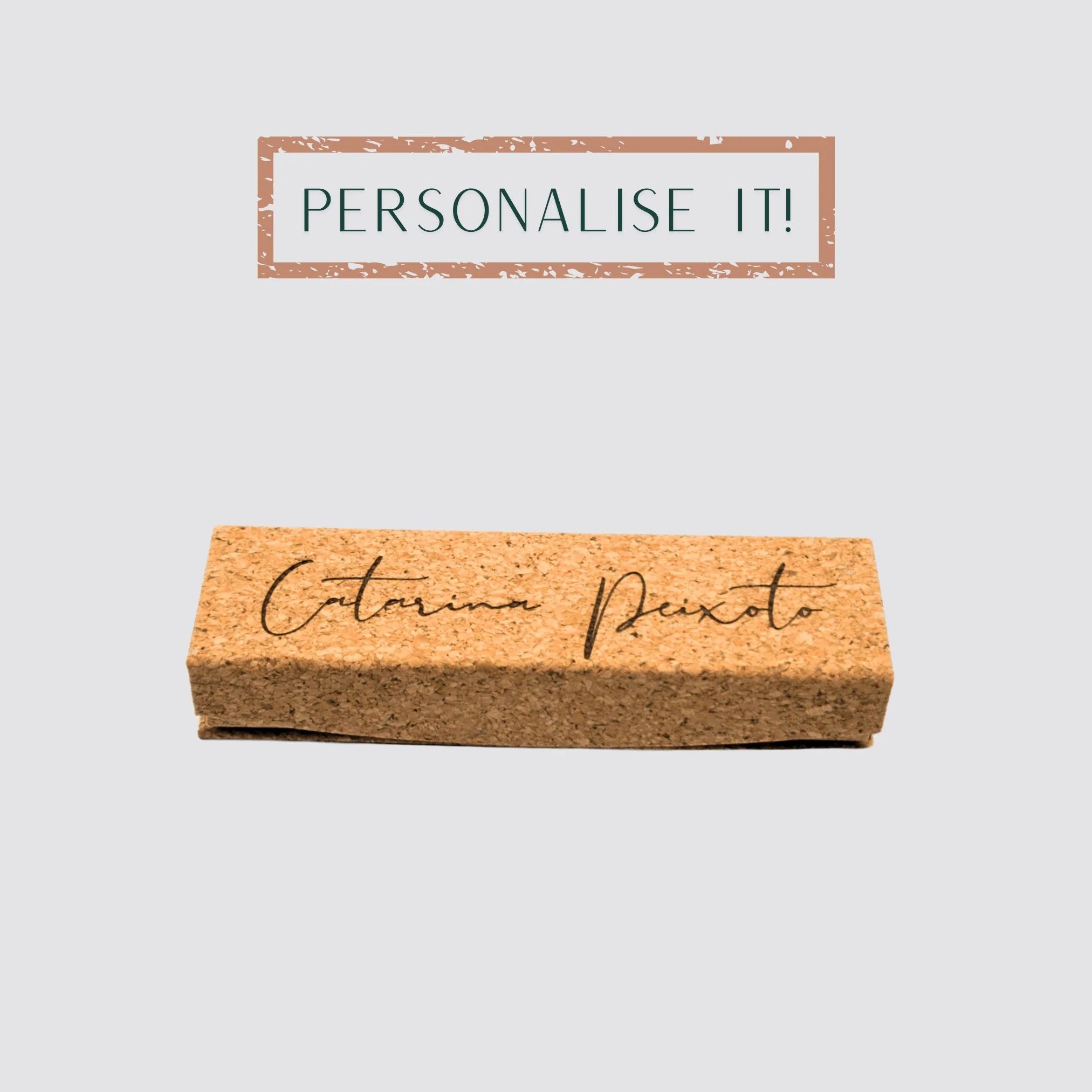 The cork gift box with its elegant pen is displayed with a laser engraved personalisation.
