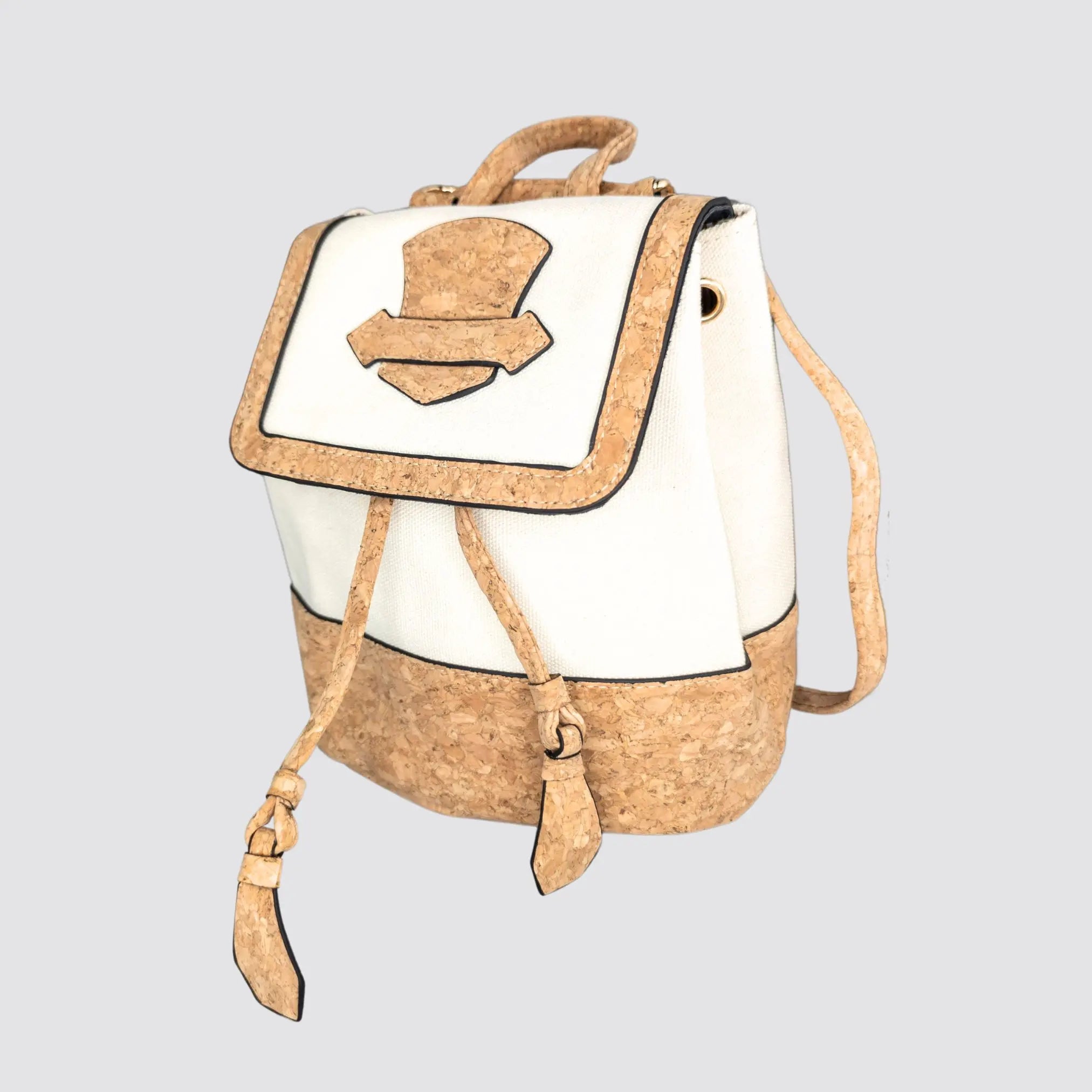 Custom white backpack featuring natural cork accents and a versatile design.