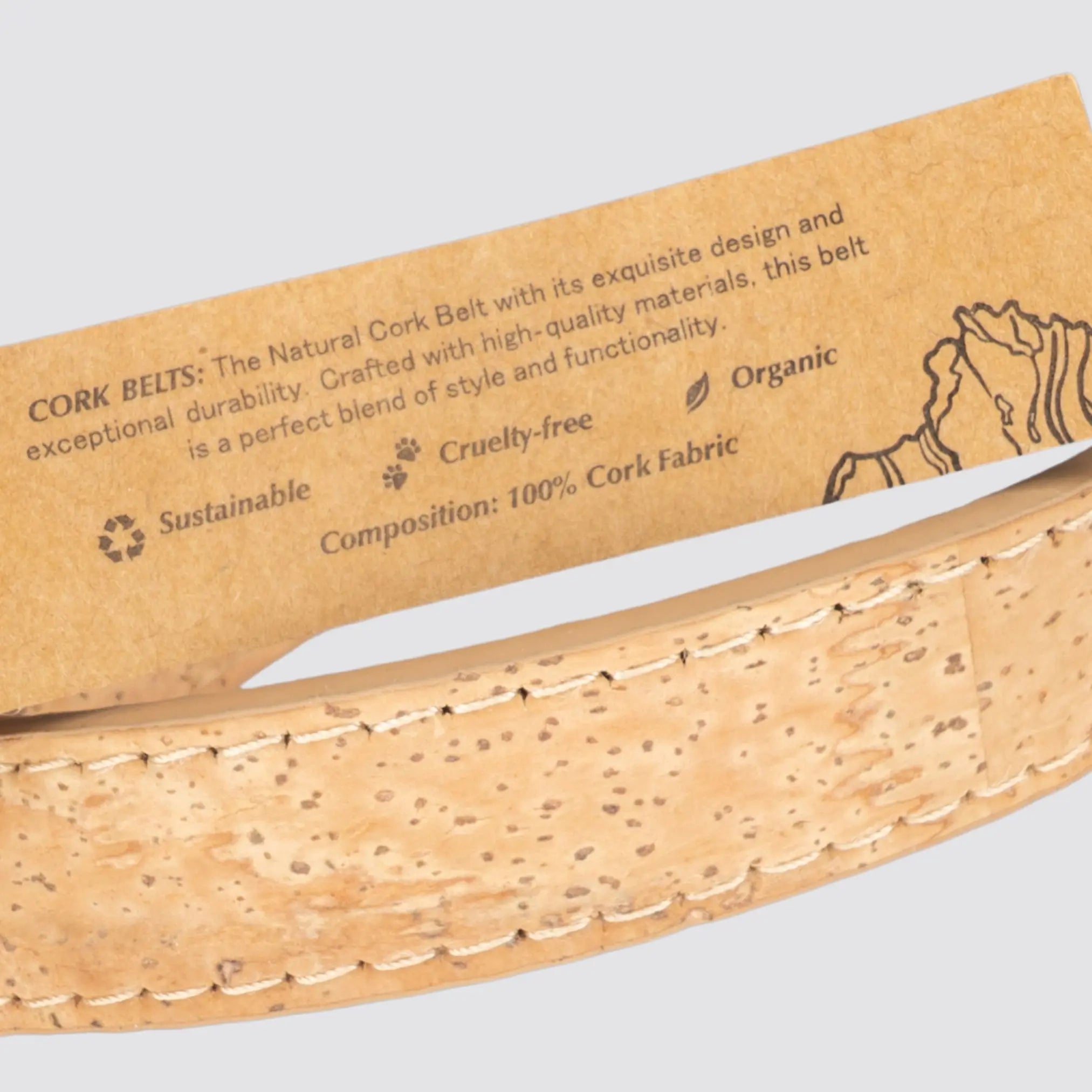 Close-up of the natural cork texture on the Double-Sided Cork Women’s Belt, showcasing its sustainable, organic and cruelty-free material, on a plain background.