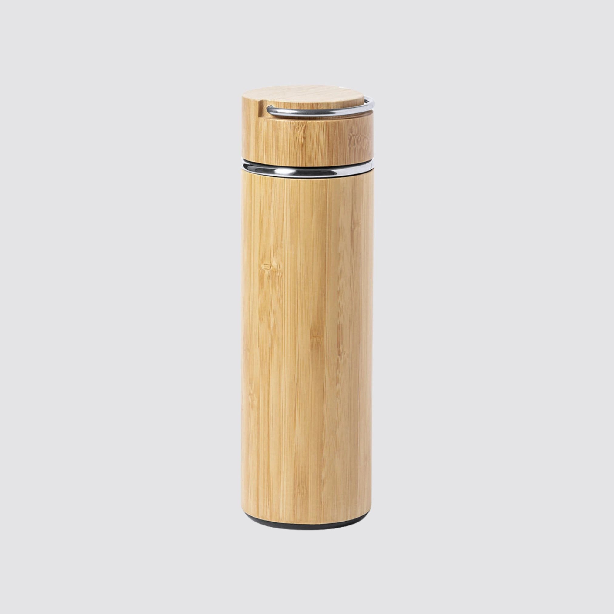 Double-wall bamboo and stainless steel thermos with a tea infuser.