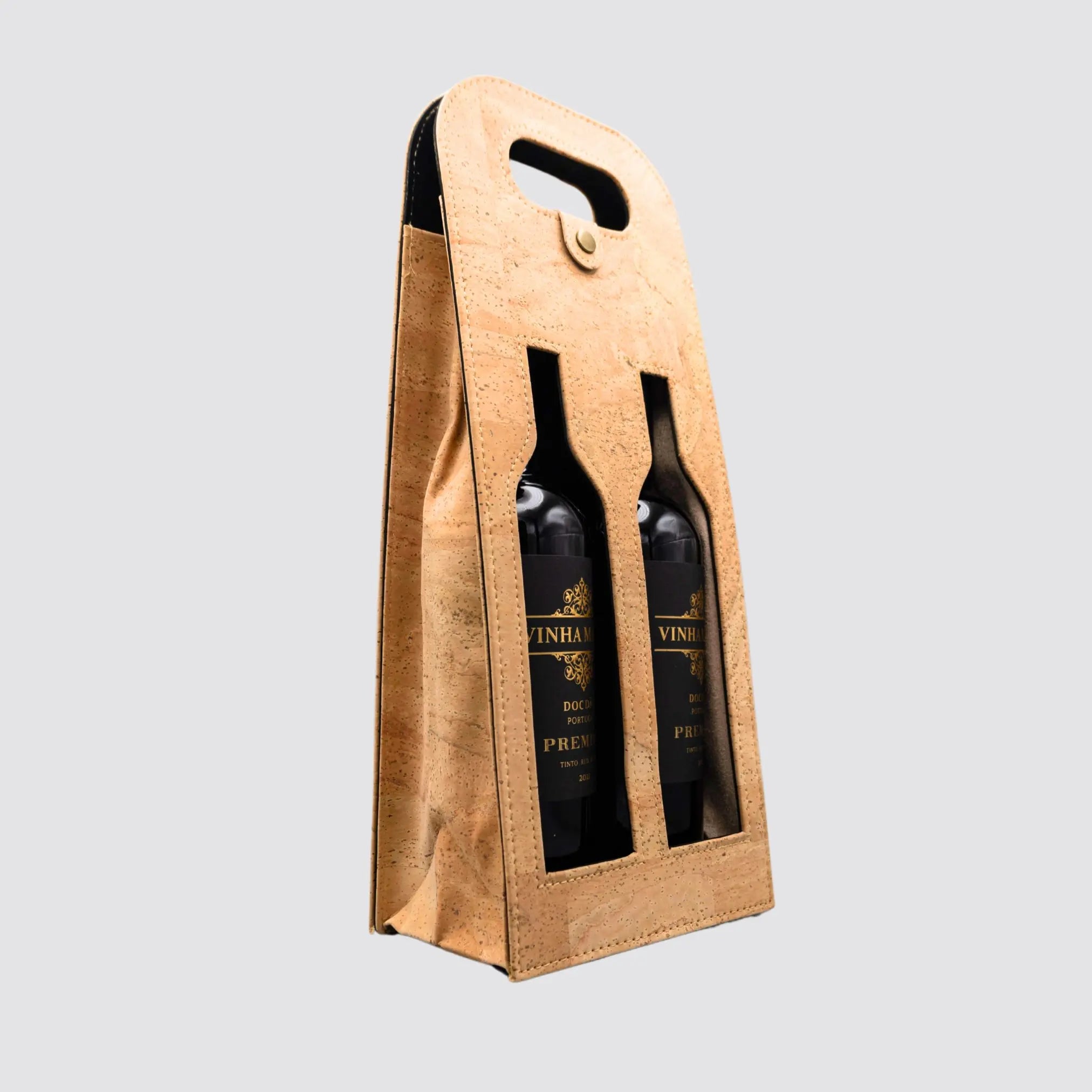 Dual-bottle cork wine carrier featuring a label display window.