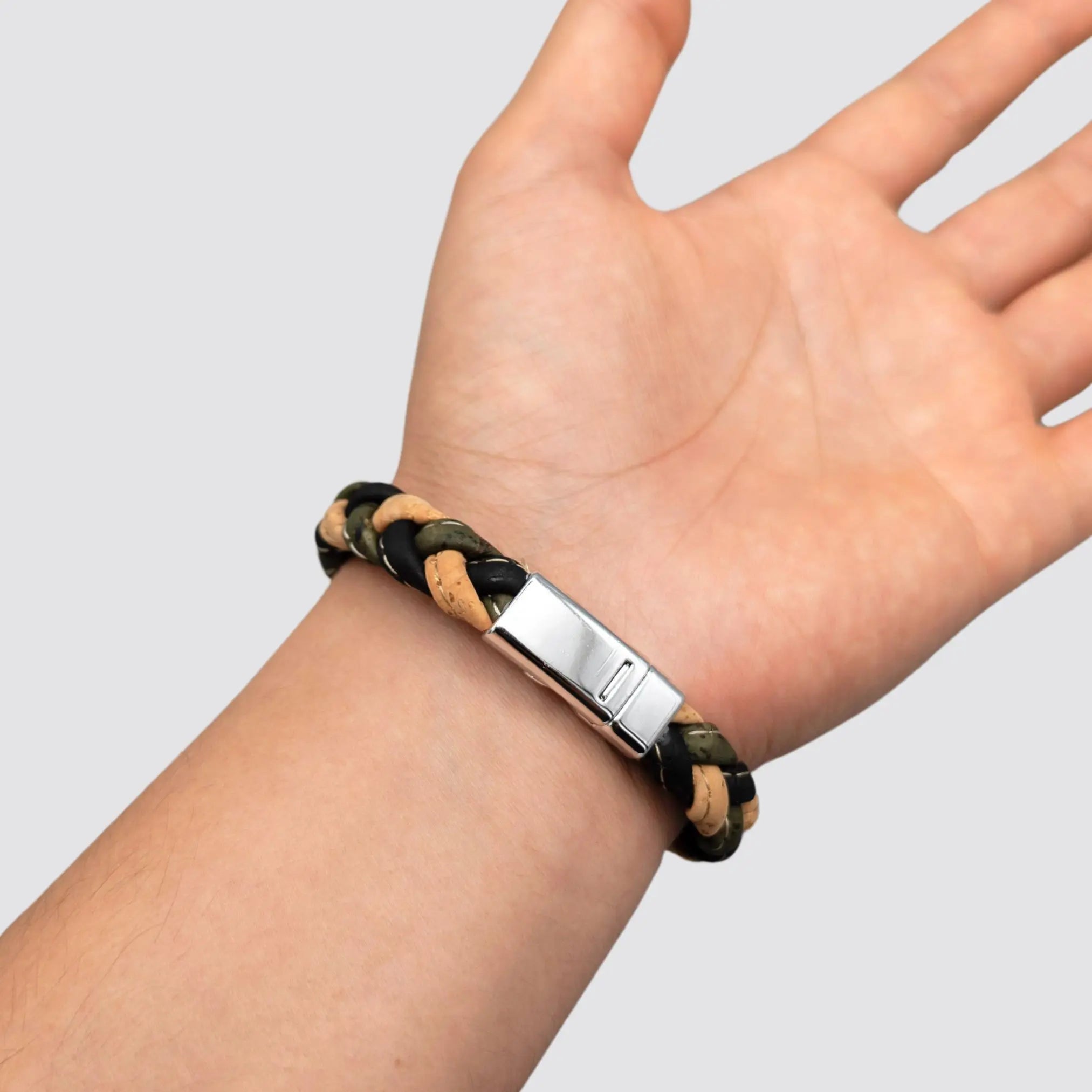 Eco-conscious braided cork bracelet for casual and semi-formal wear.