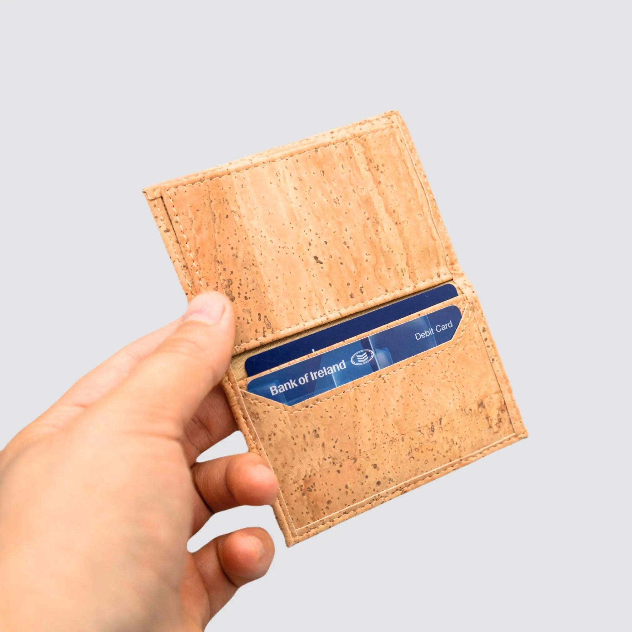 Eco-conscious cork cardholder with luxurious texture and RFID security.
