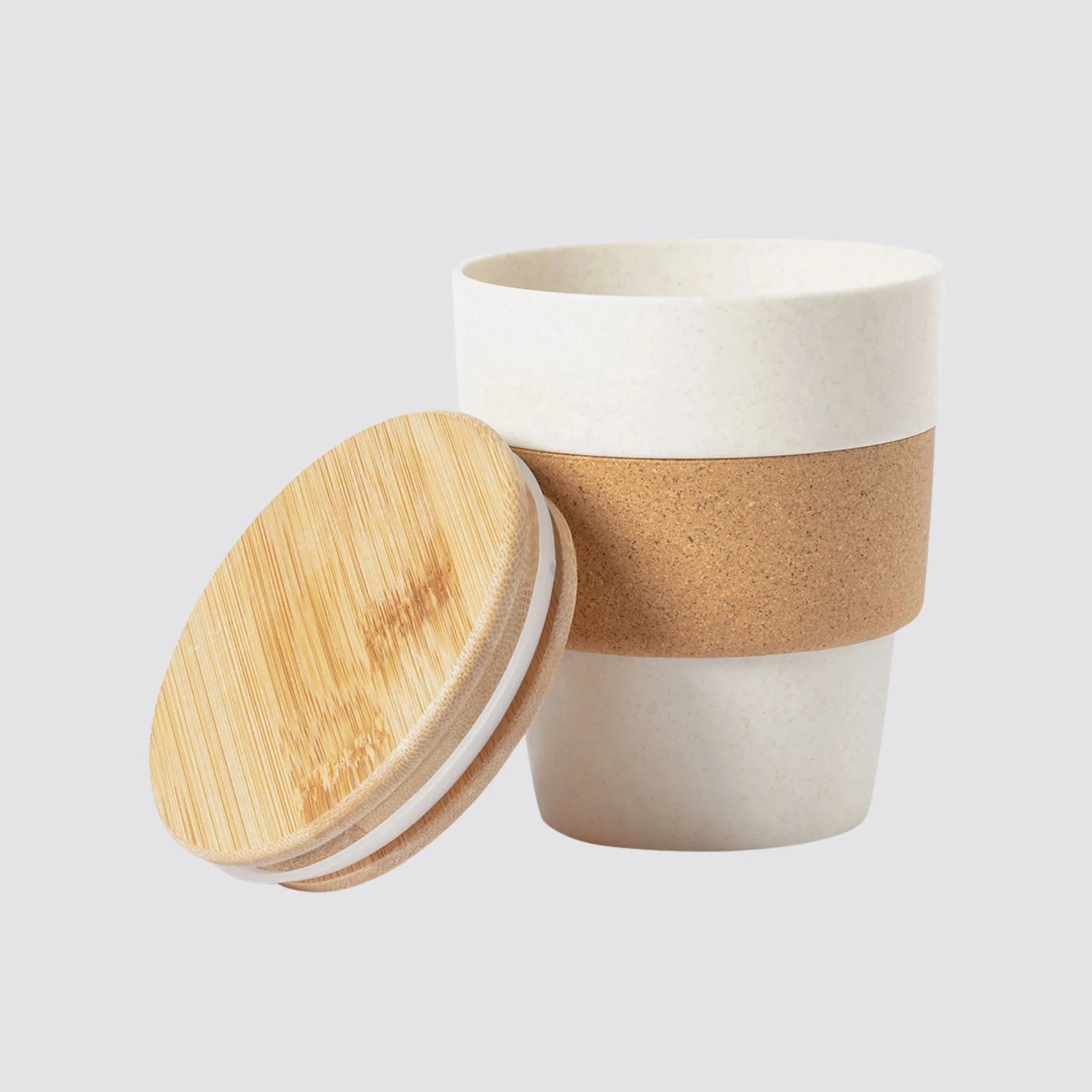 Eco-friendly 350ml mug with a bamboo lid and heat-resistant cork band.