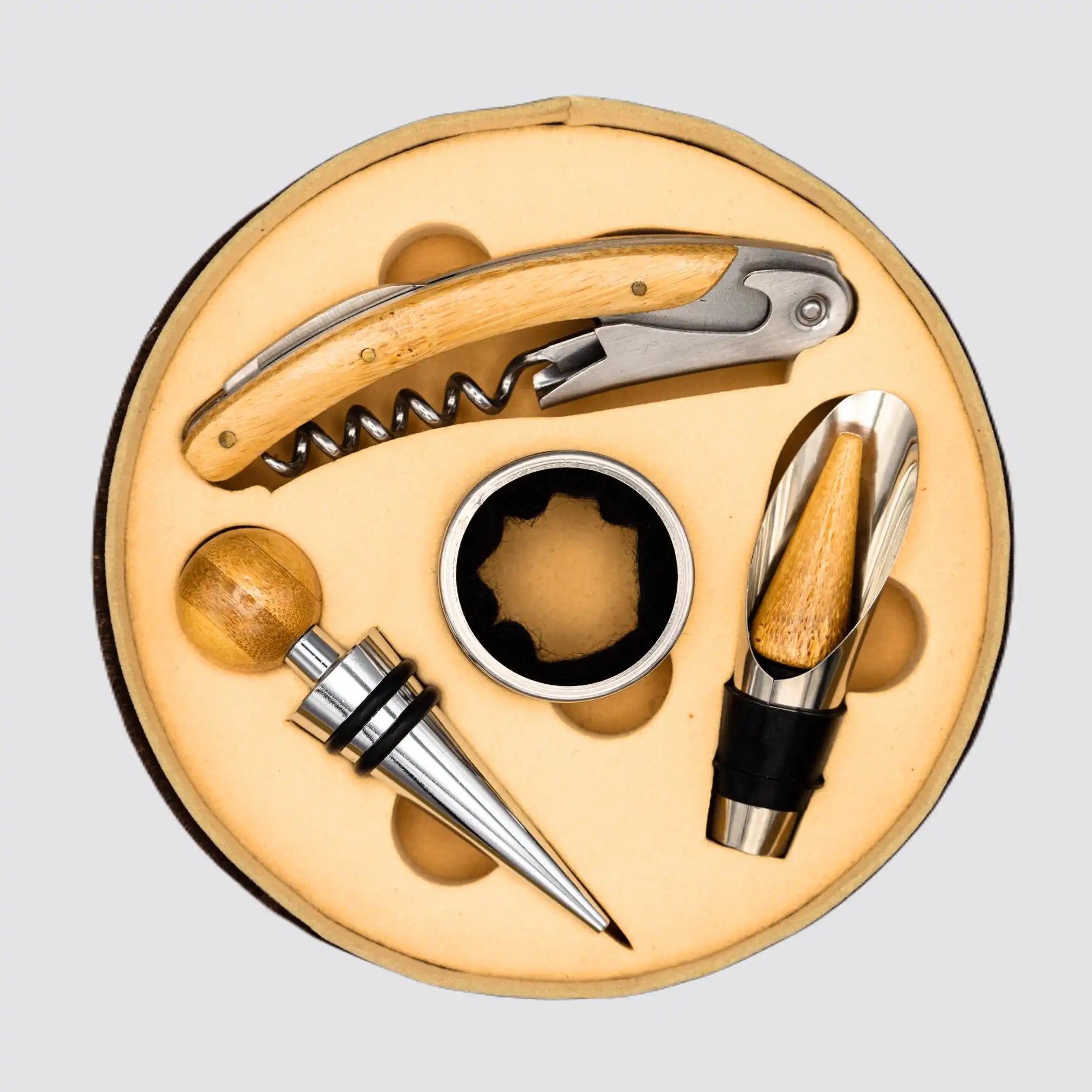 Eco-friendly wine accessory set featuring a brown cork box for storage.