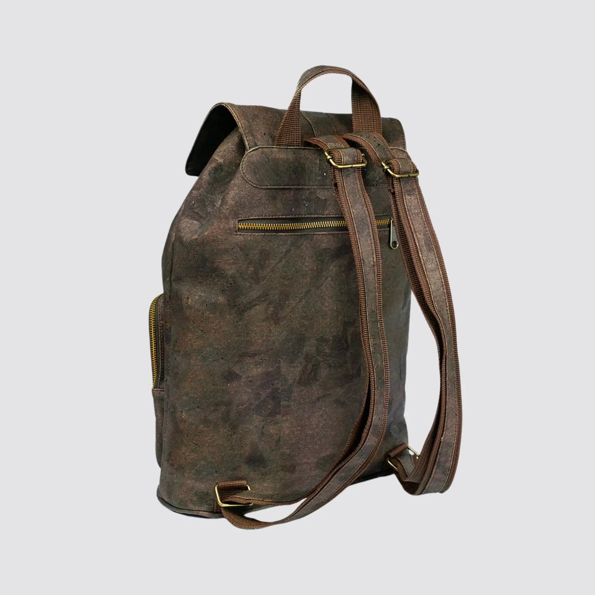Eco-friendly cork backpack for men with drawstring closure and zippered pockets.