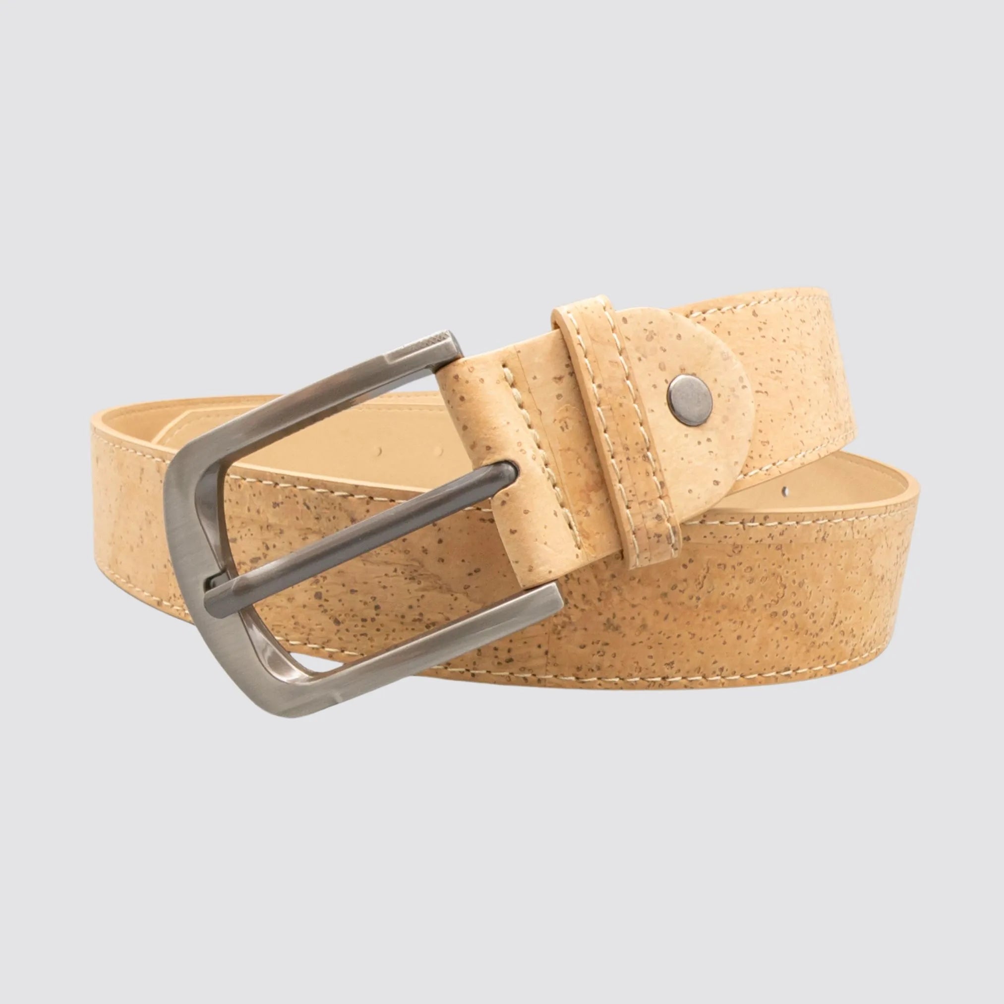 Eco-friendly cork leather belt for men featuring a minimalist metal buckle.