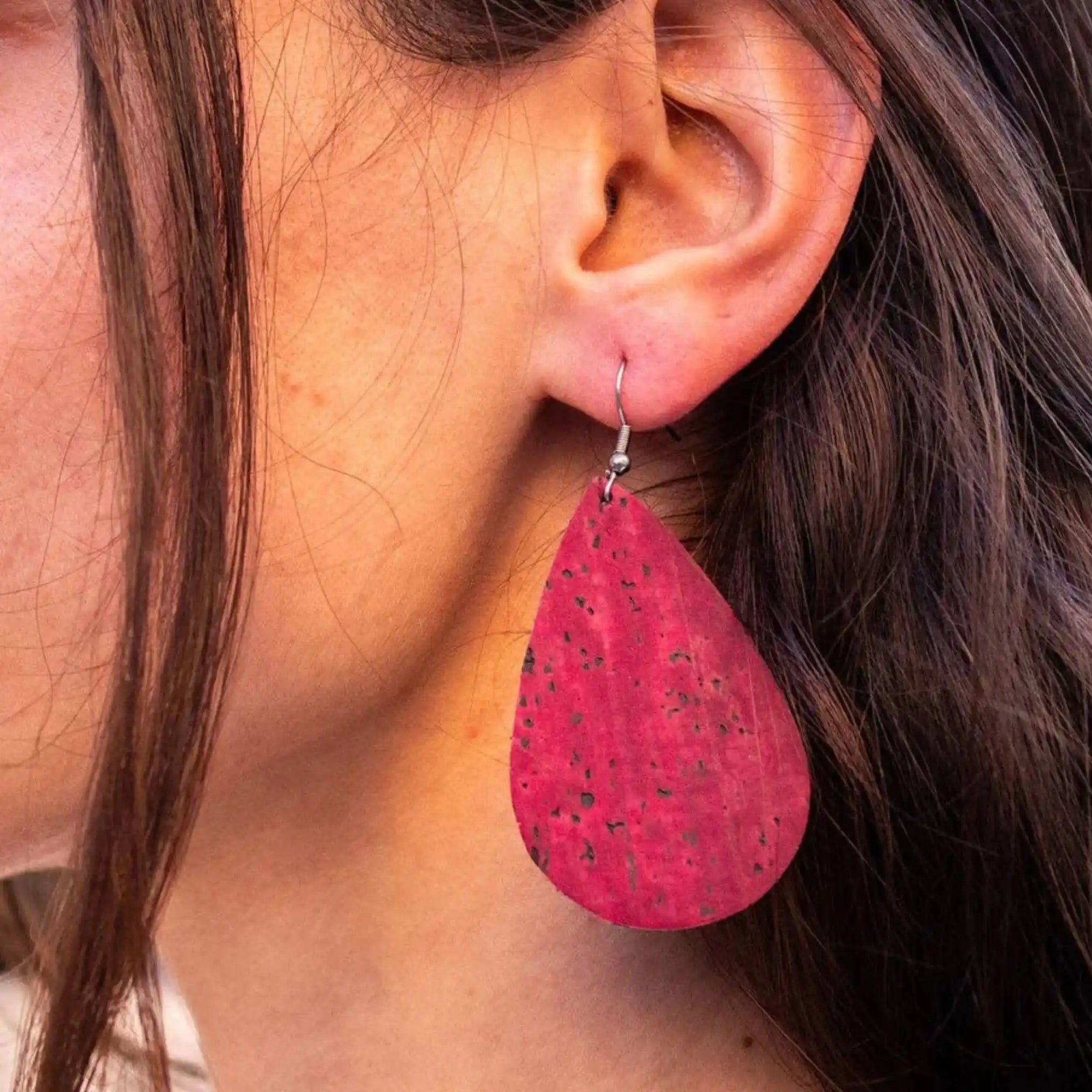 Eco-friendly drop earrings for women with a bold wine-red hue.