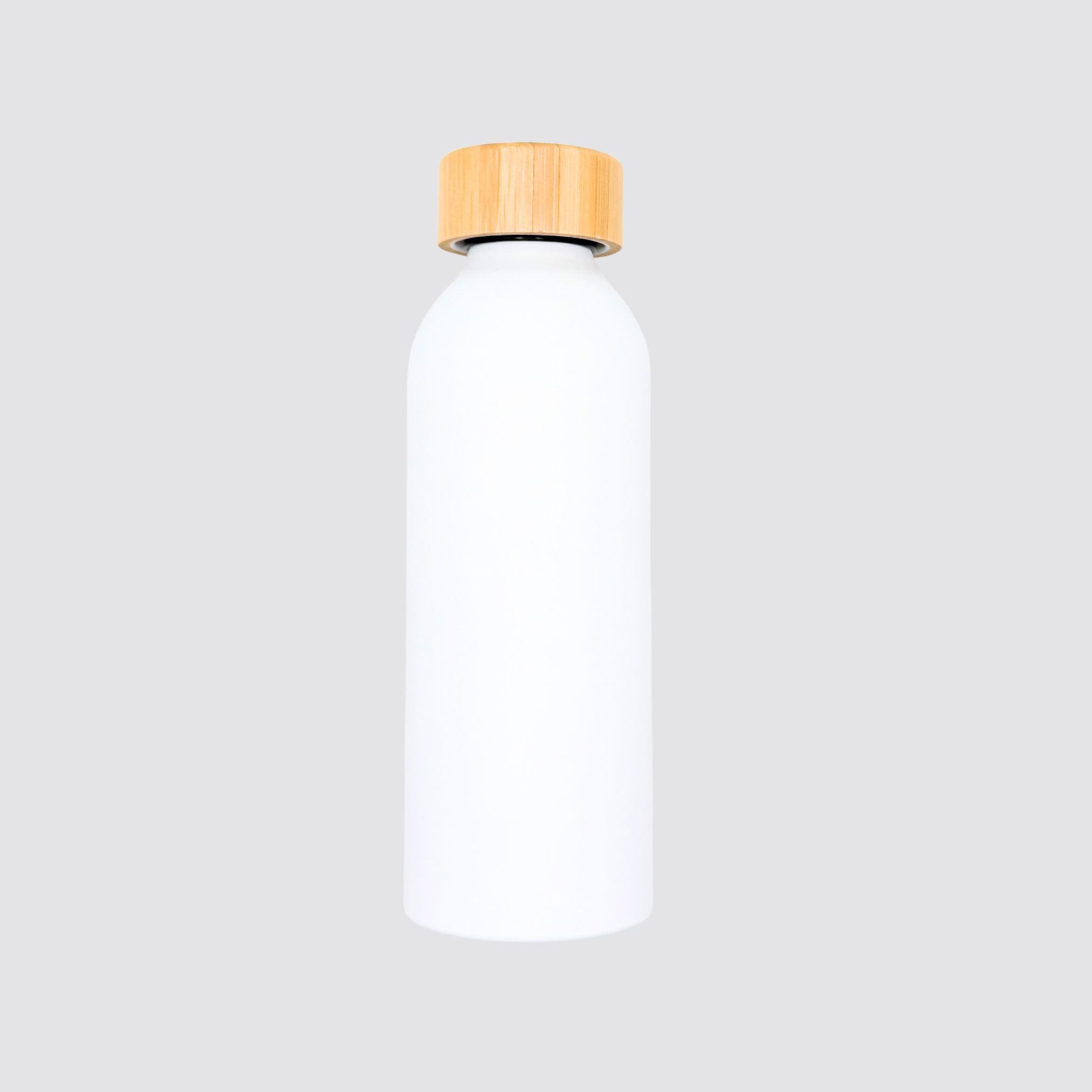 Eco-friendly white water bottle with a bamboo lid and 550ml capacity.