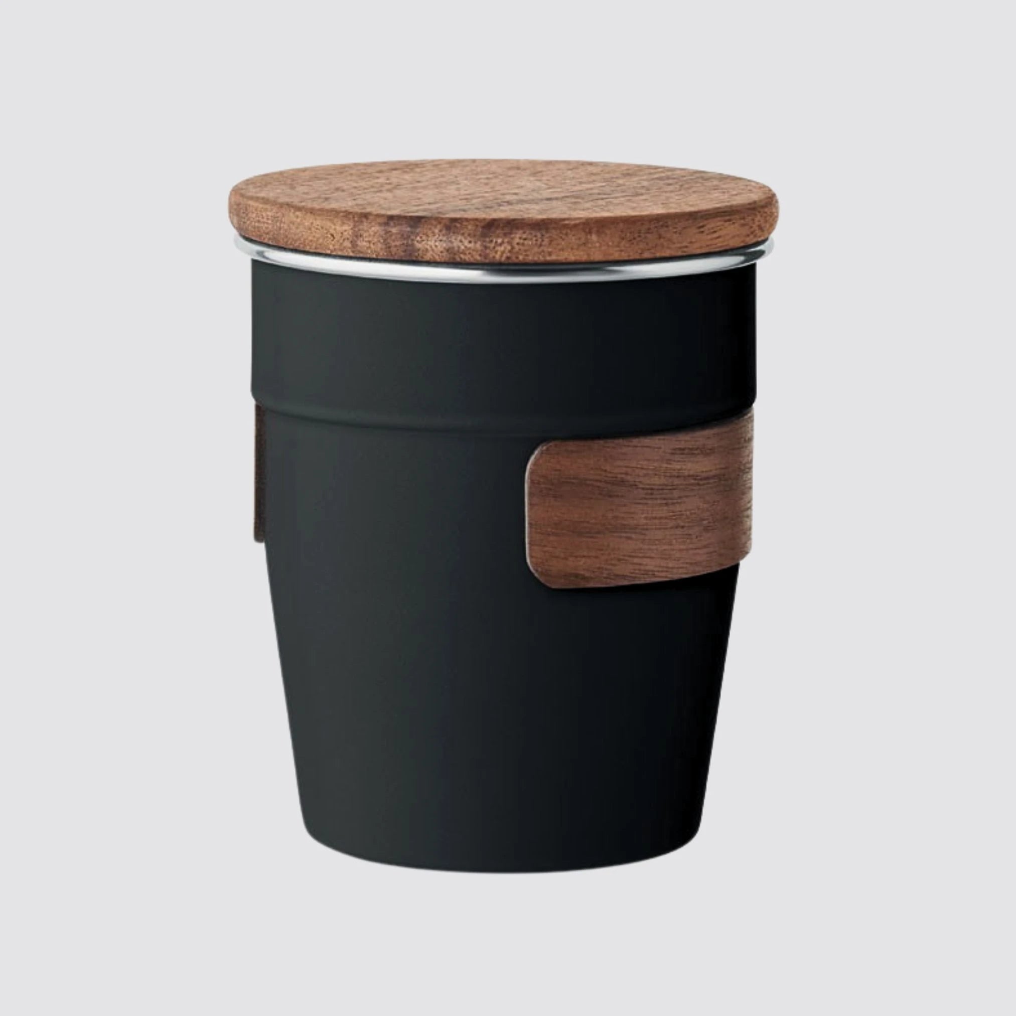 Elegant black tumbler with a natural walnut wood lid and handle.