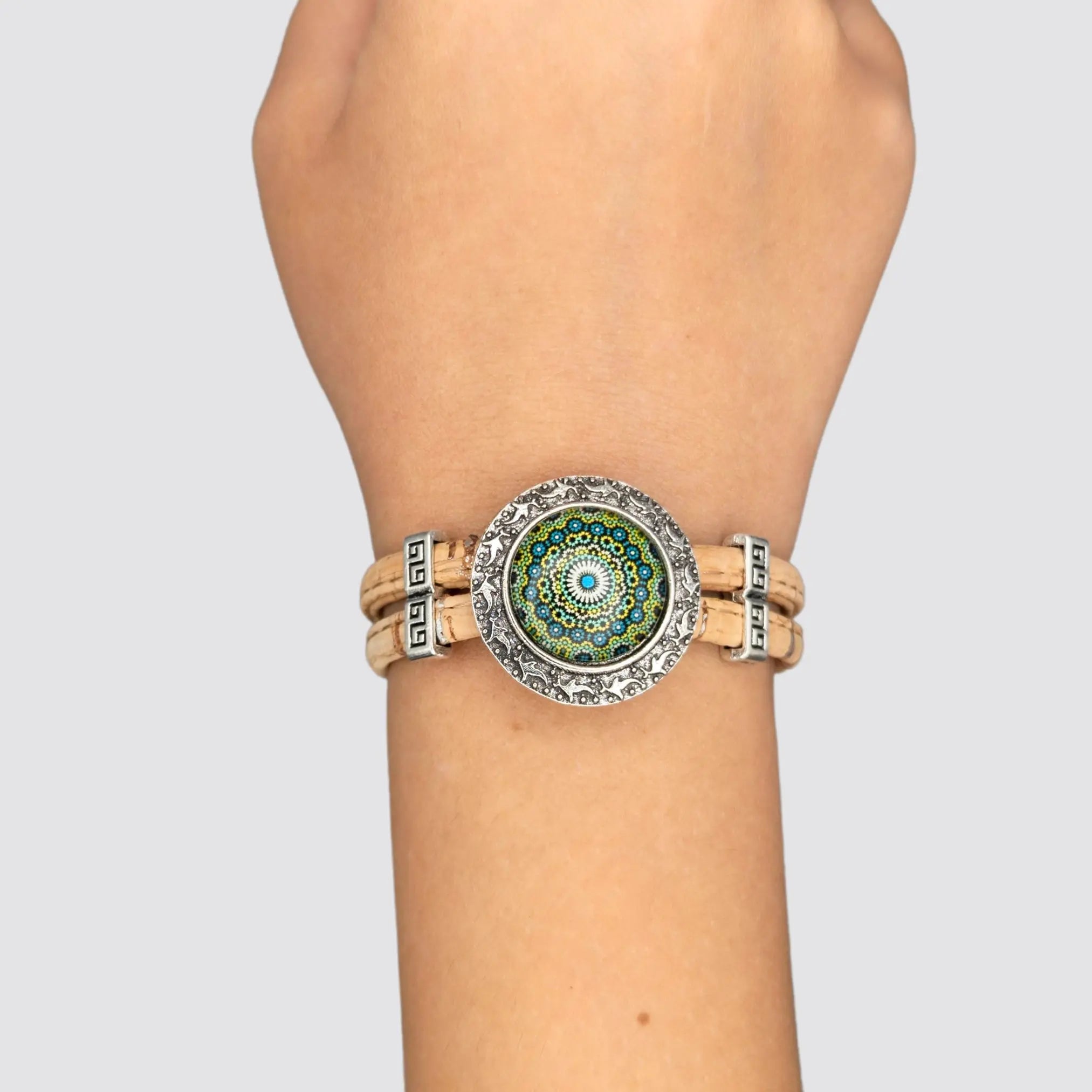Elegant cork bracelet with a turquoise Azulejo charm for sustainable fashion lovers.