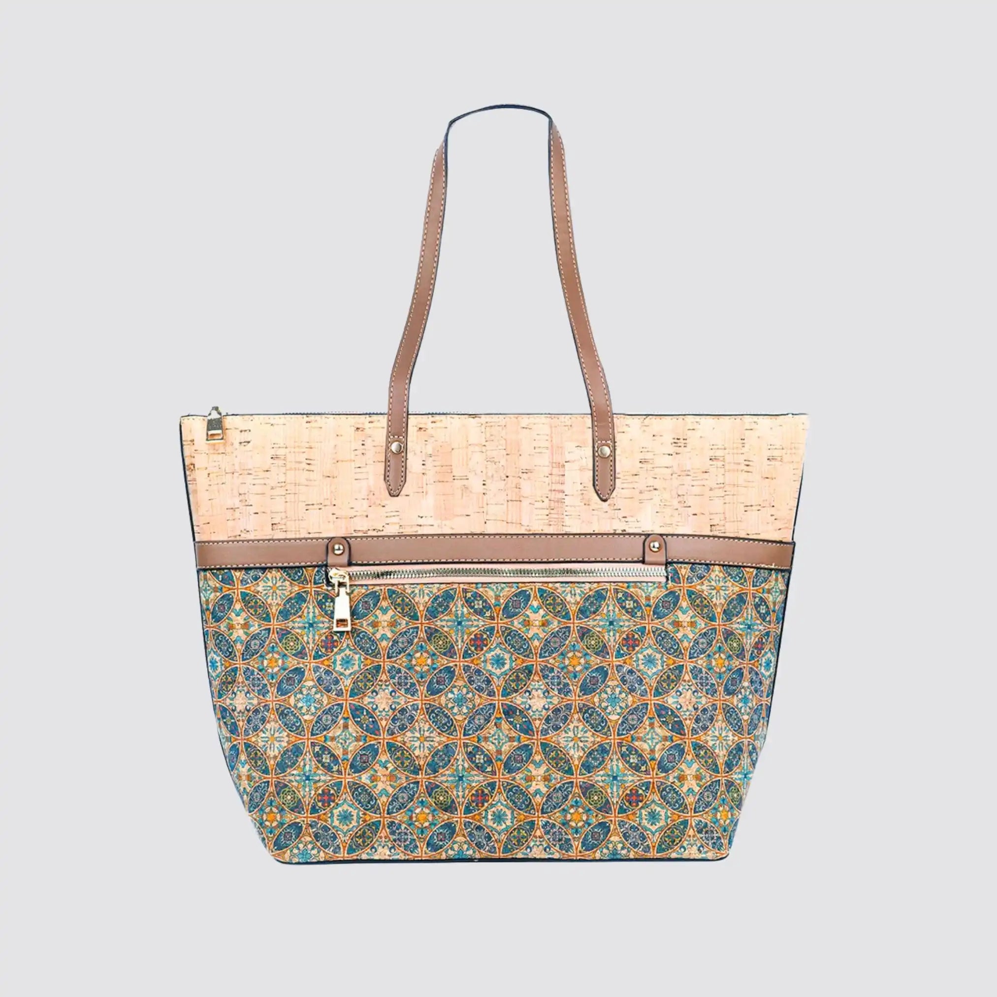 Elegant cork leather tote bag with a durable PU handle and bottom.