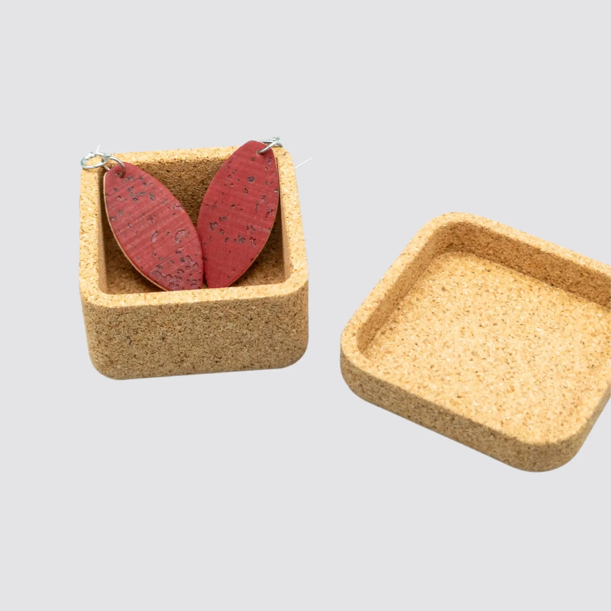 Elegant leaf design cork earrings presented in a sustainable square cork box.