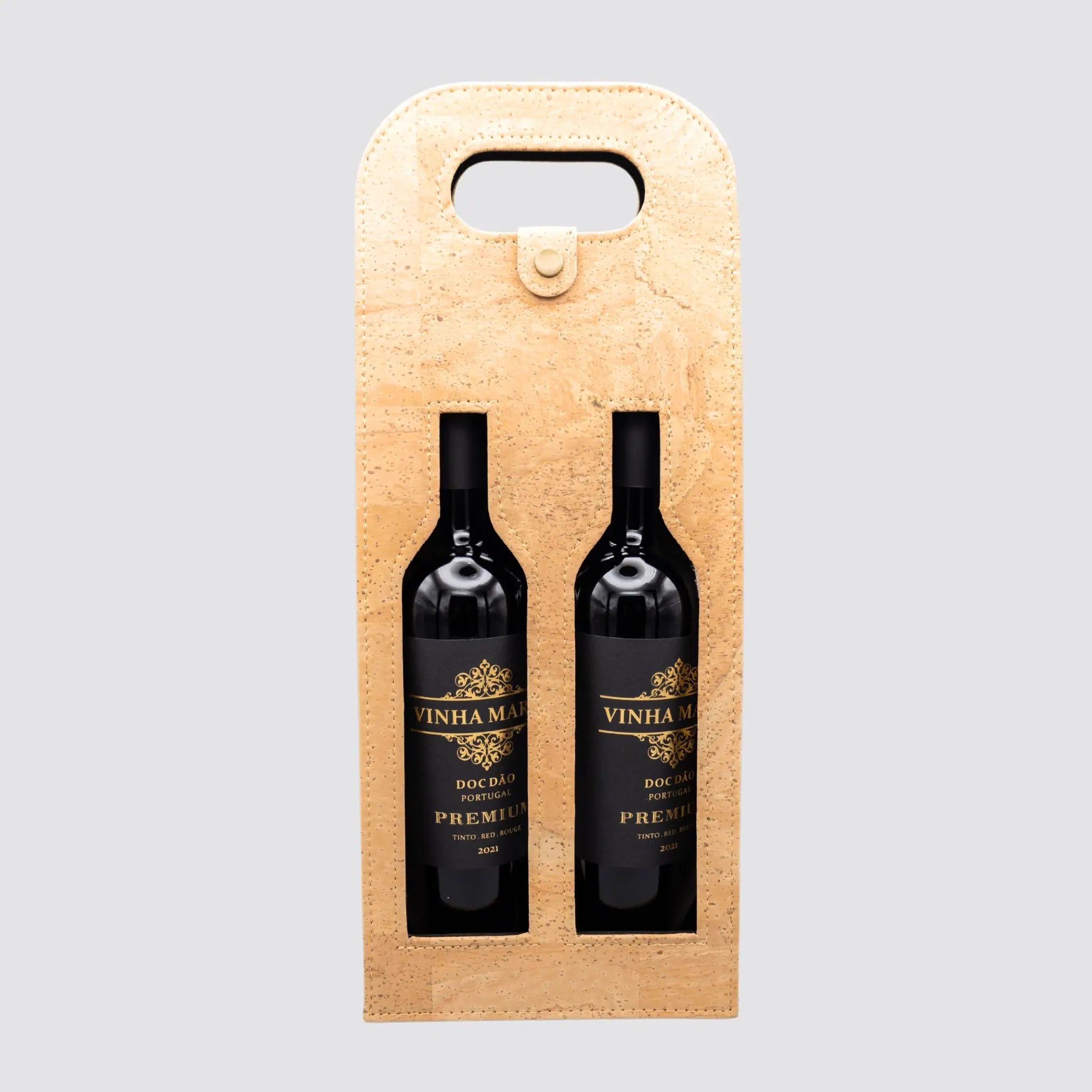 Elegant two-bottle cork wine bag with a secure snap button closure.