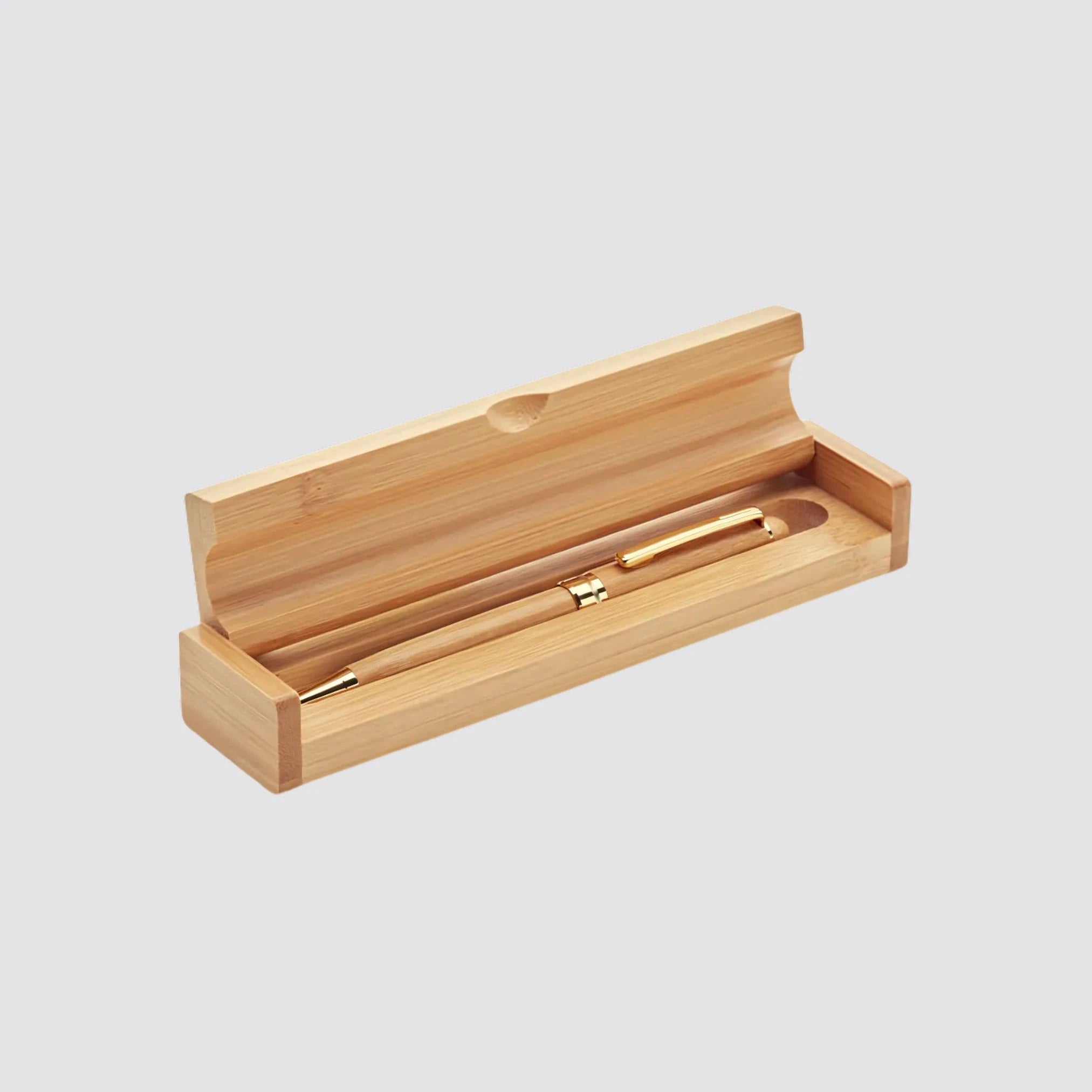 Engraved bamboo pen and matching box set displayed in an open position.