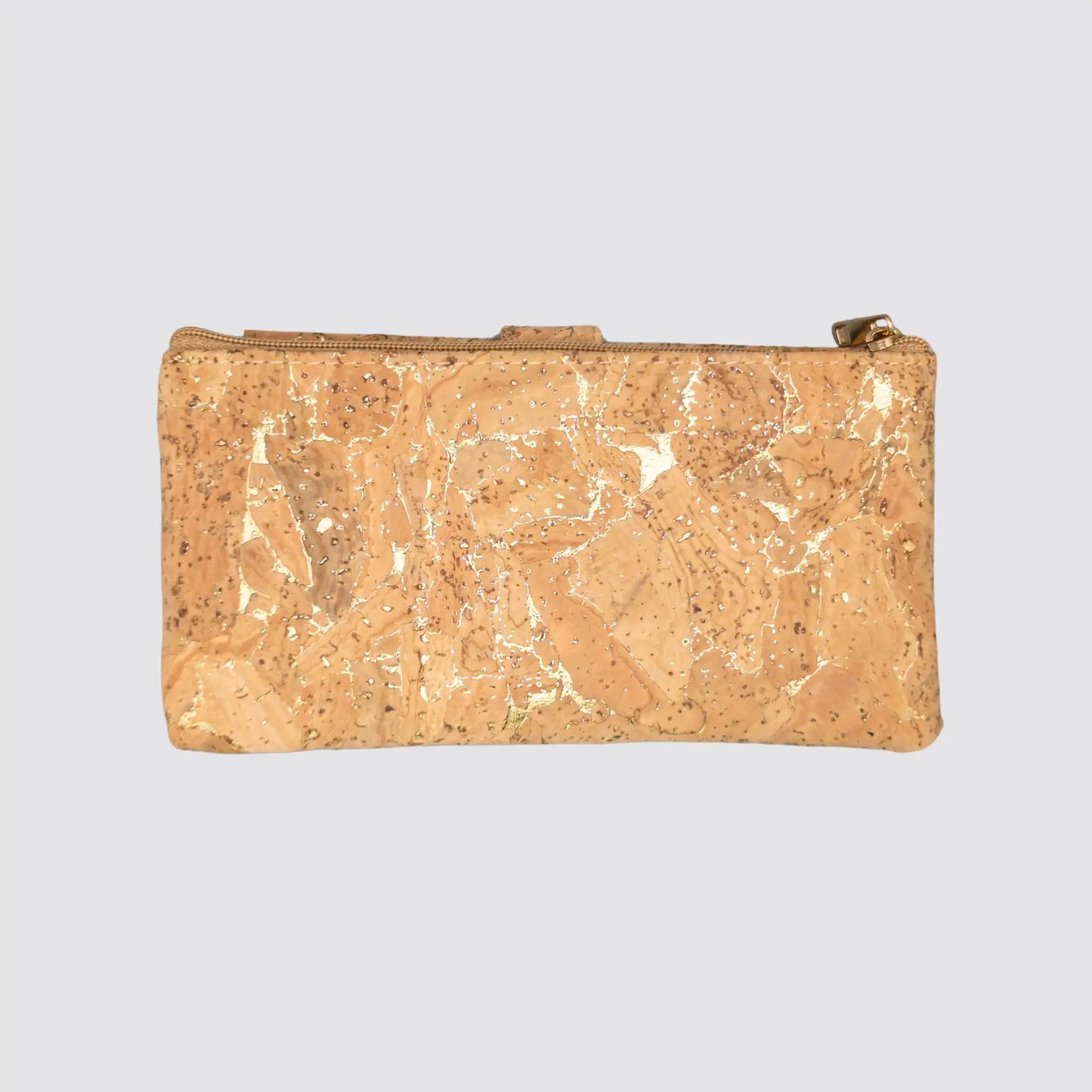 Back view of the gold cork slim wallet, showcasing its elegant vegan leather design.