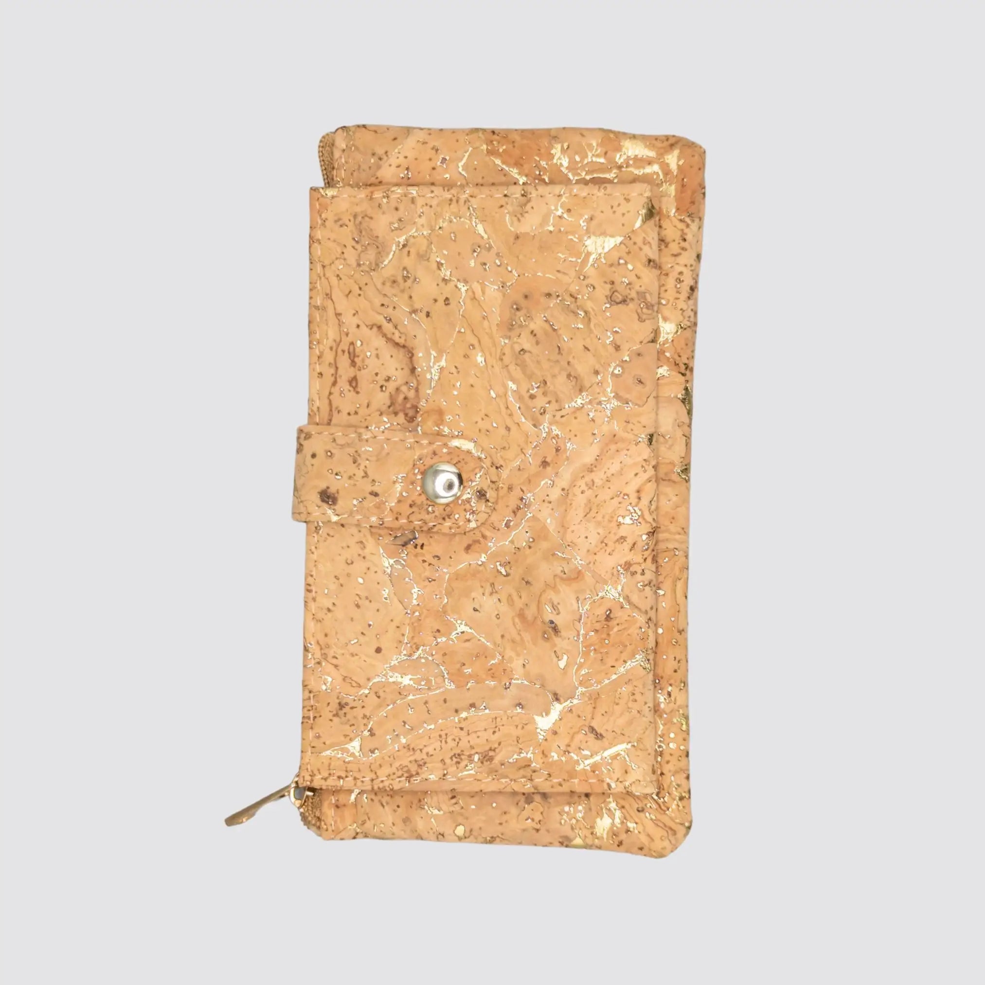 Front view of the gold cork slim wallet, showcasing its elegant vegan leather design.