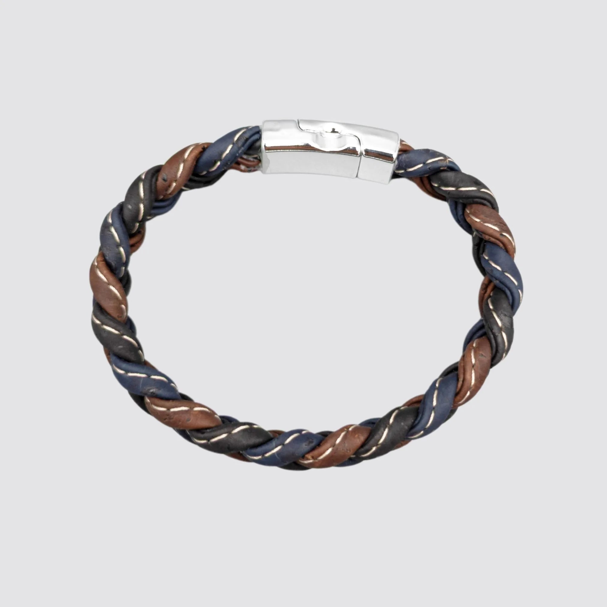 Handcrafted men’s braided cork bracelet offering rugged, sustainable style.