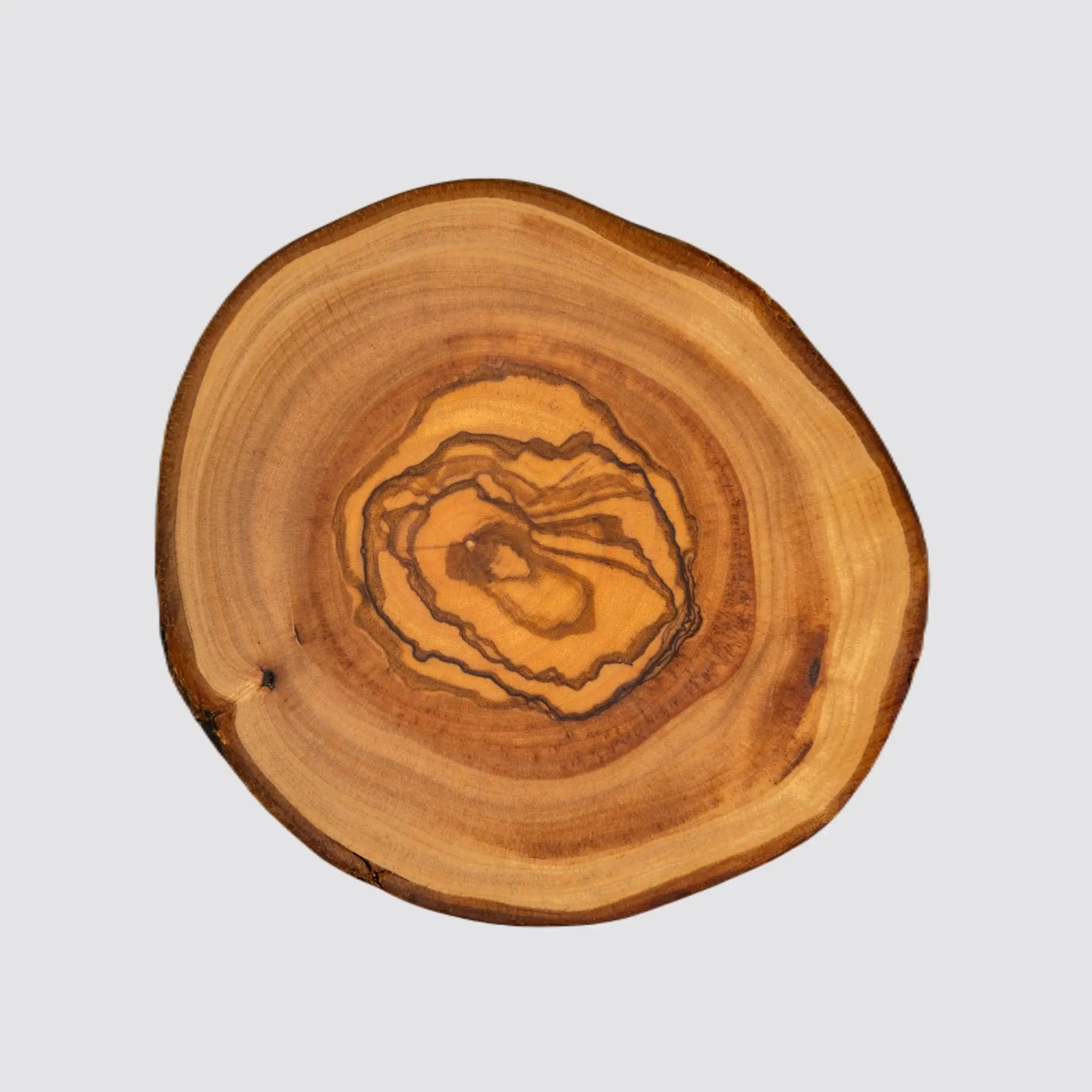 Handcrafted olive wood coaster with a polished finish for surface protection.