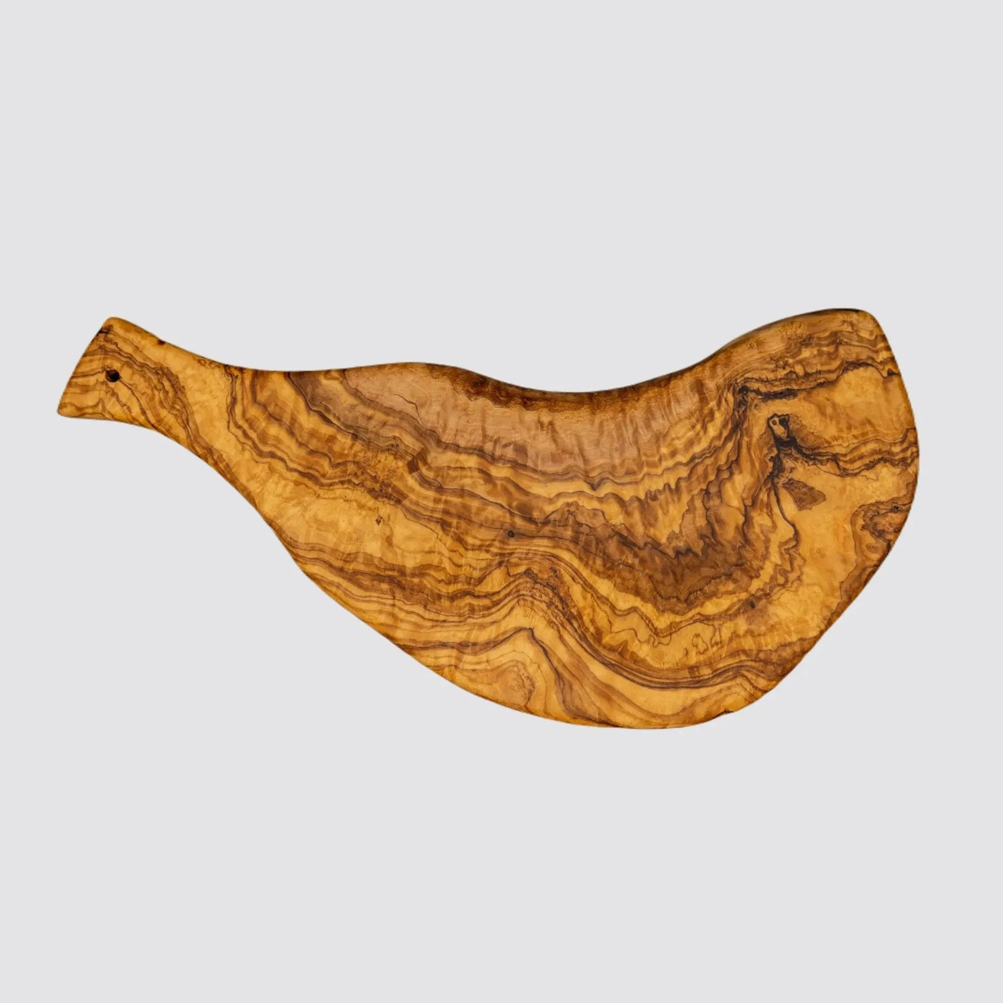Front view of a handcrafted olive wood serving board showcasing its natural grain and smooth finish on a plain white background.