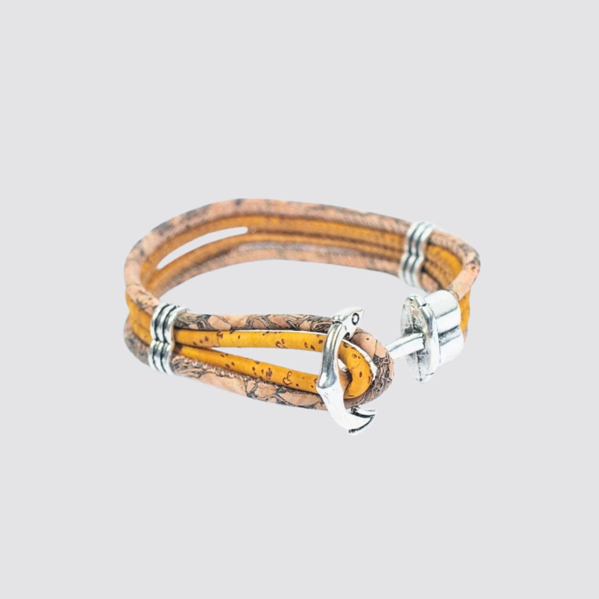 Front view of the handmade cork bracelet, showcasing its sustainable design.