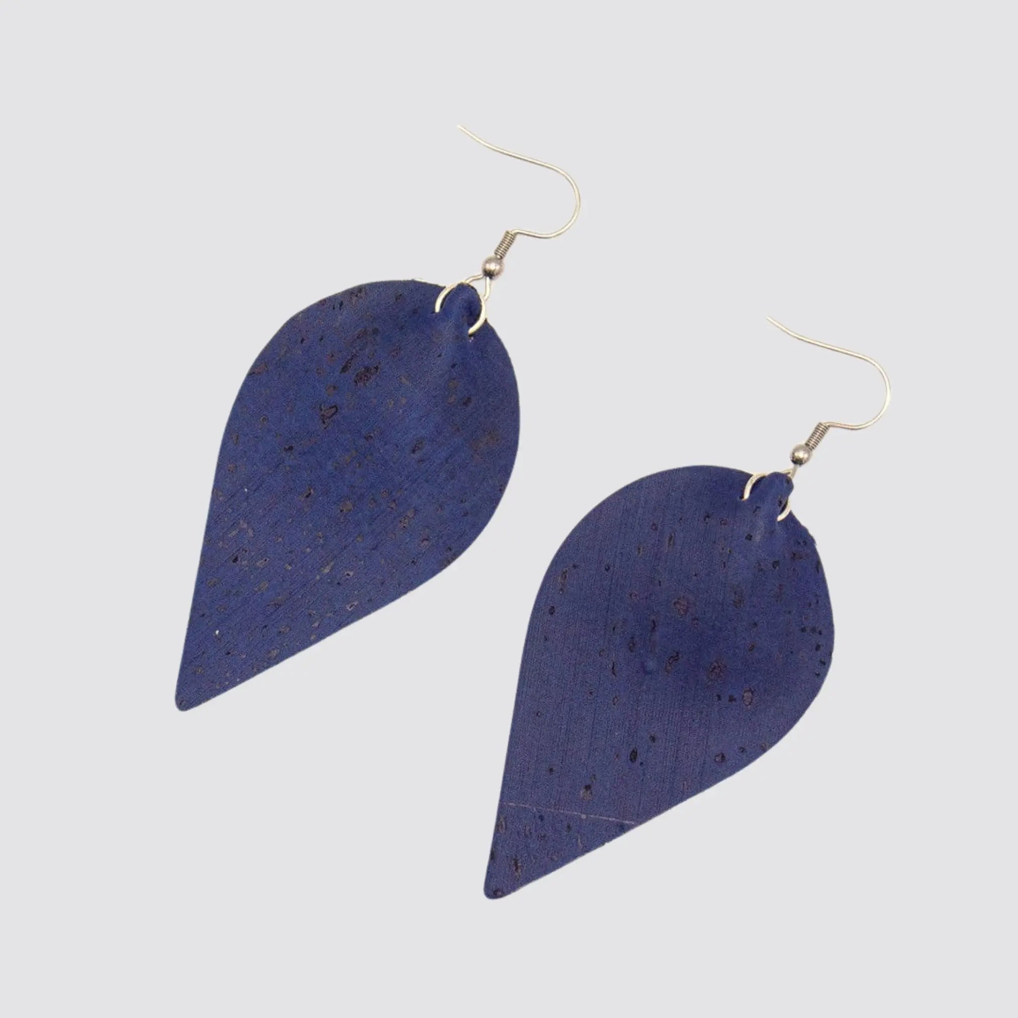 Handmade cork drop earrings in deep blue with a sustainable design.