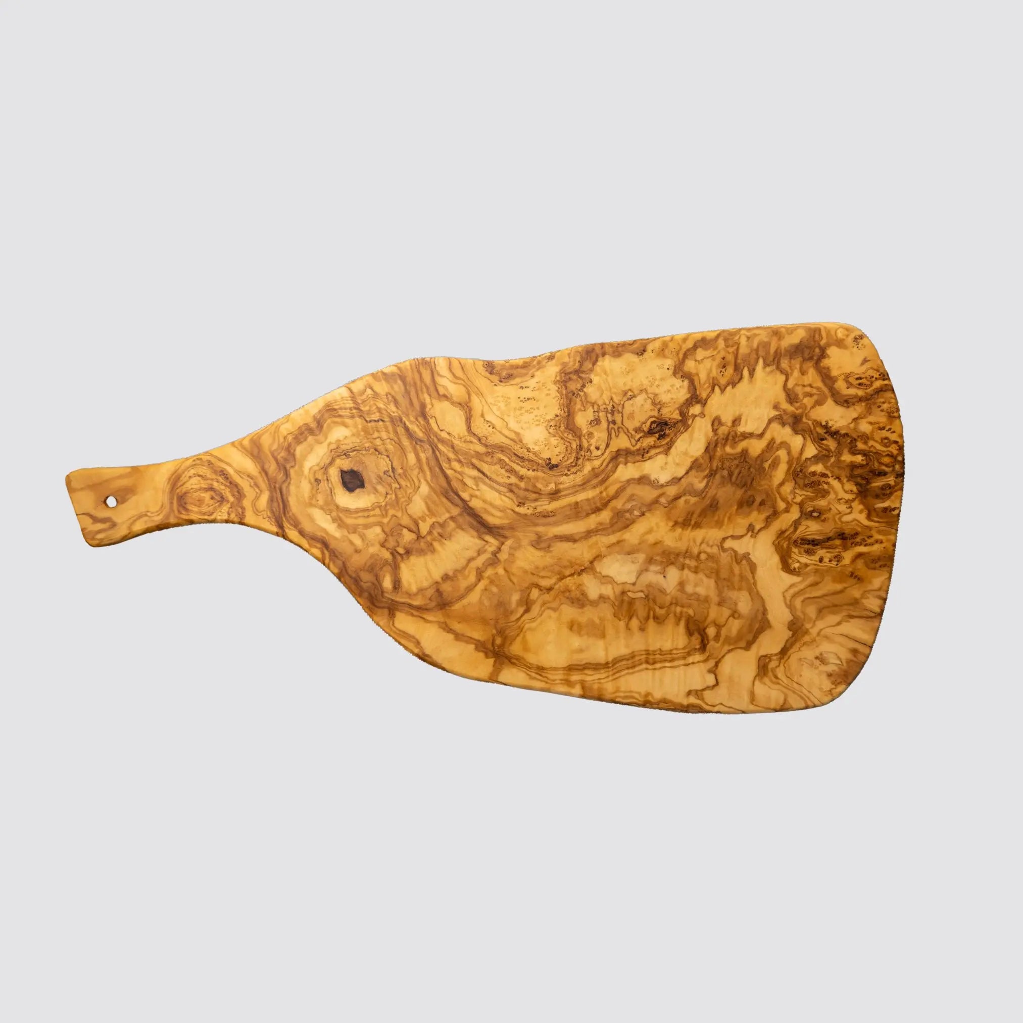 Front view of a handcrafted large olive wood cutting and serving board on a plain background.