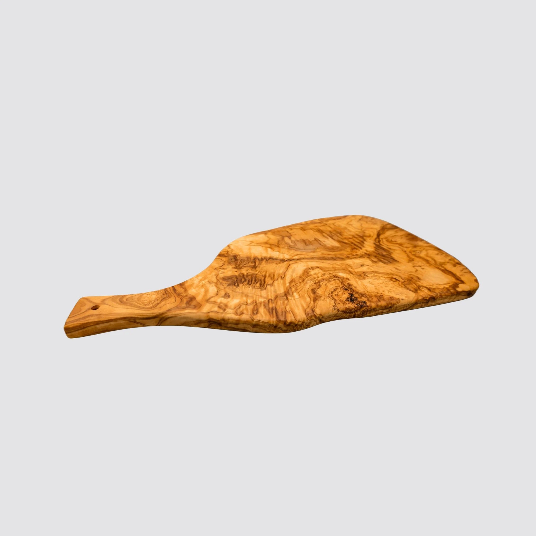 Large olive wood serving board measuring 50 cm in length on a plain background.