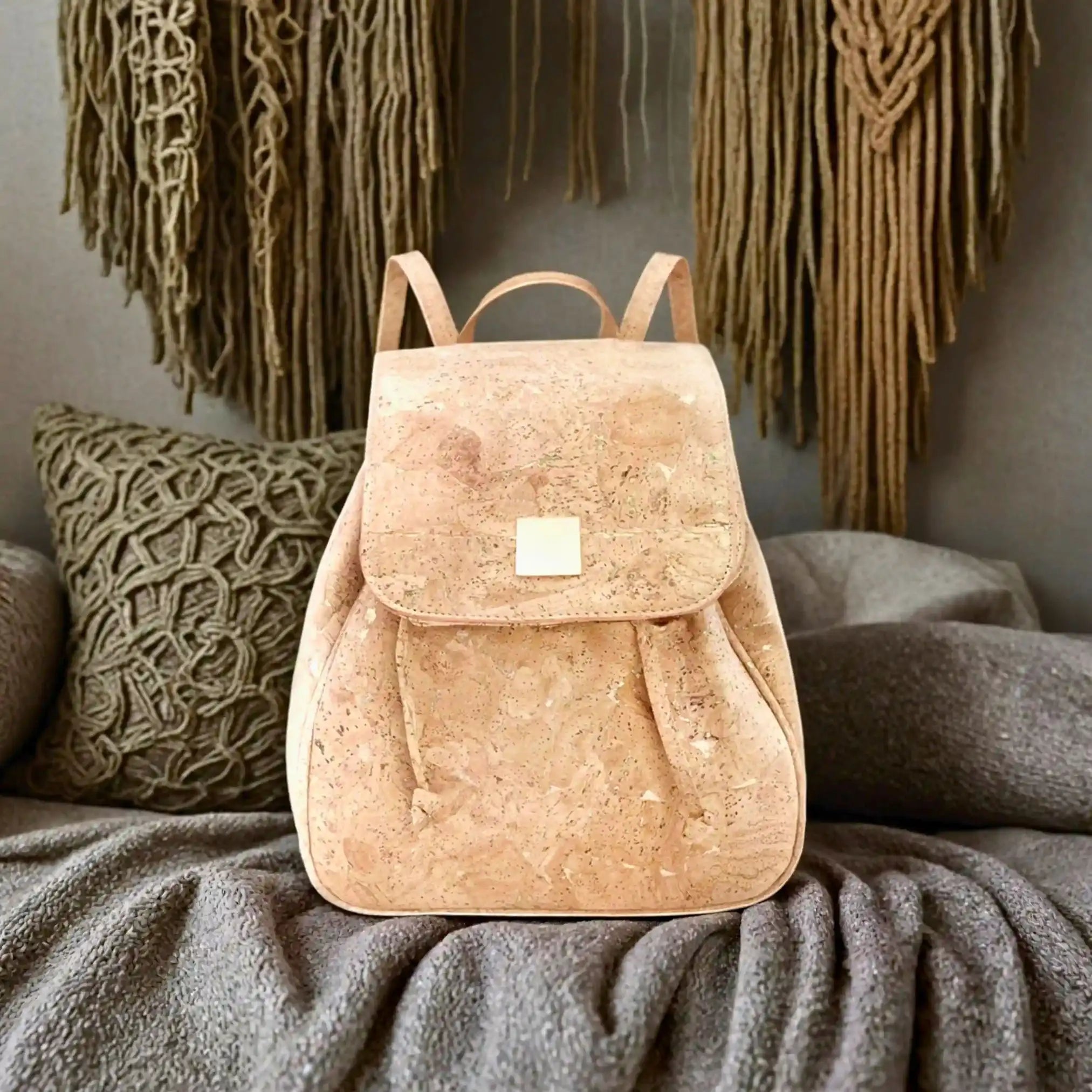 Luxurious gold cork drawstring backpack for work and casual use.