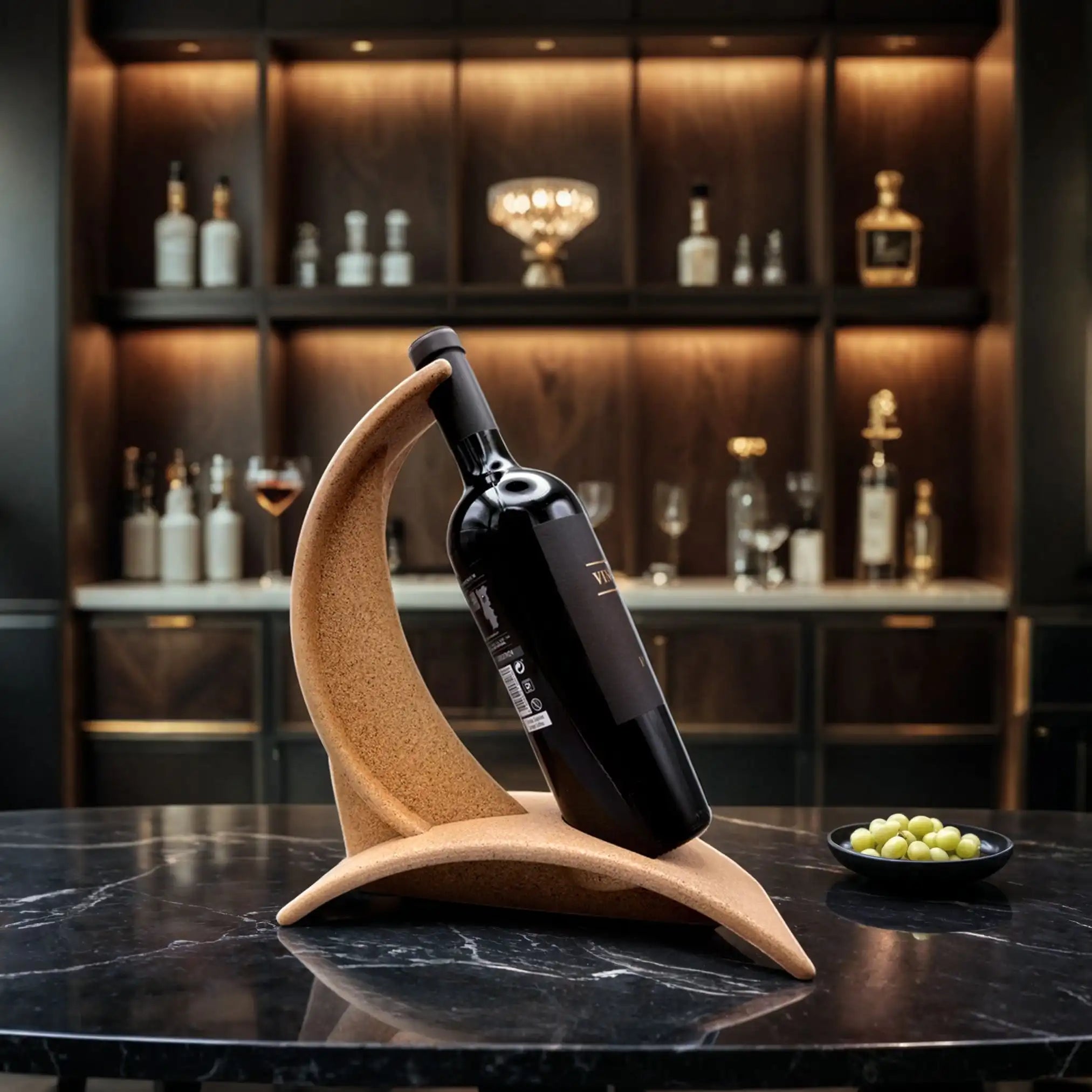 Luxury-cork-wine-bottle-holder cradling a wine bottle, elegantly displayed on a marble table, highlighting its luxurious design and eco-friendly cork material in a sophisticated setting.