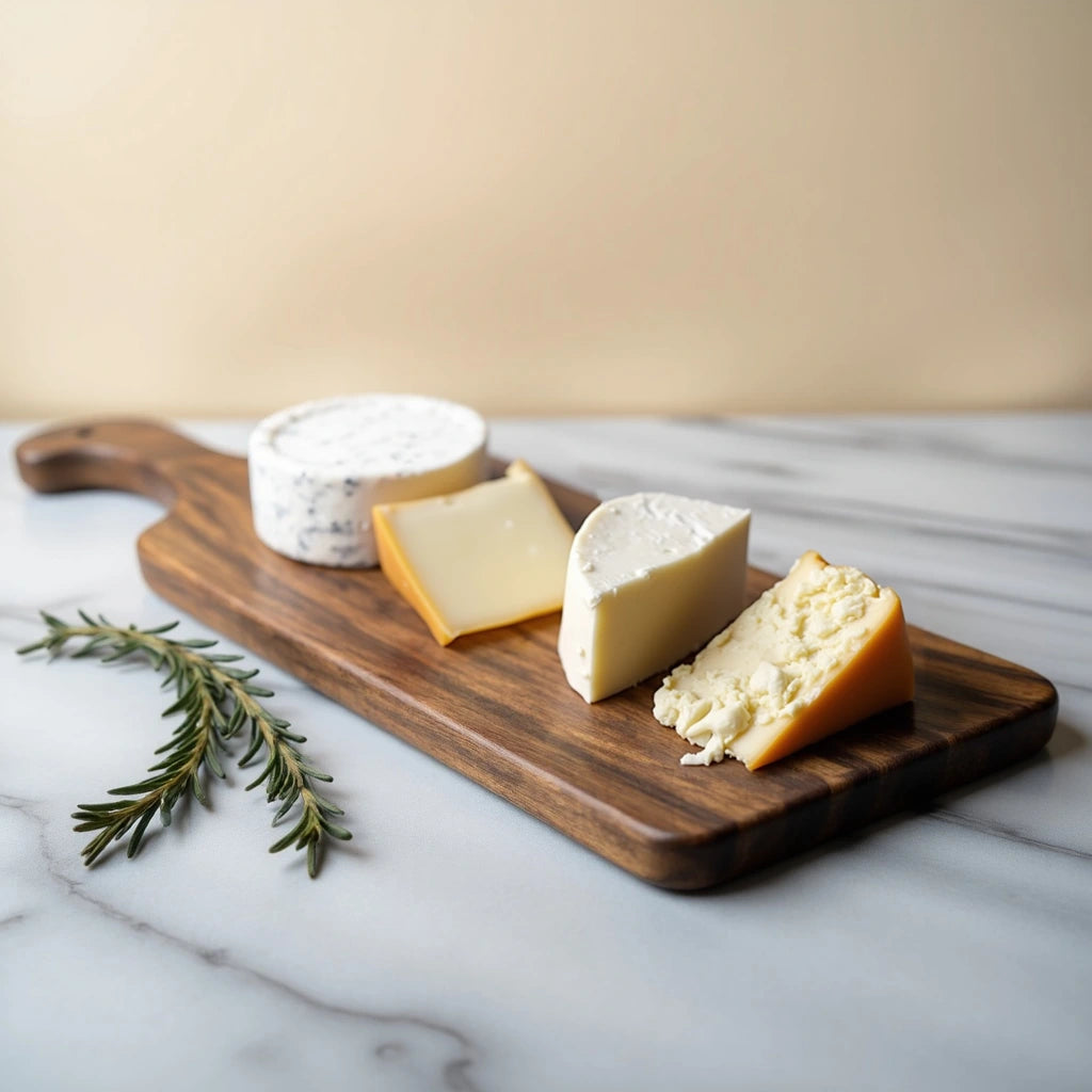 Flat lay of a luxury walnut charcuterie board arranged with appetizers.
