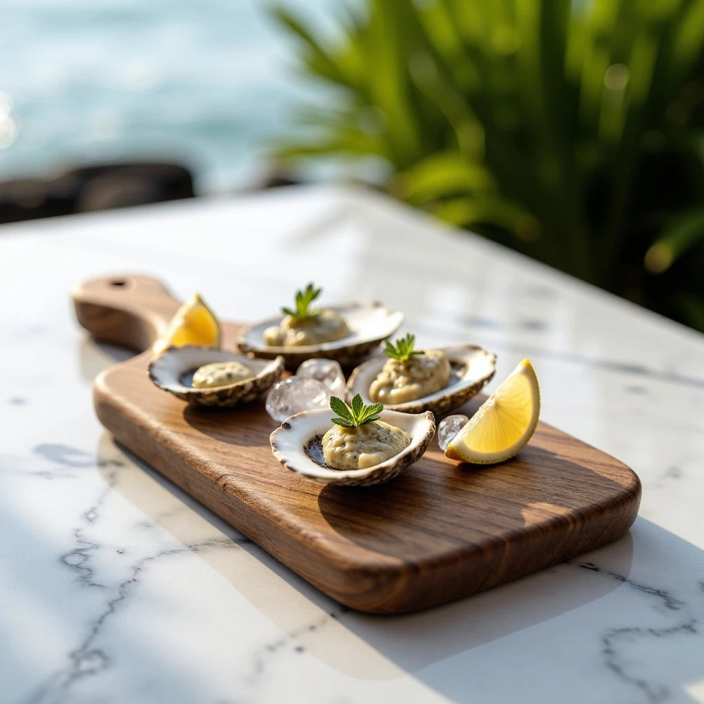 Flat lay of a luxury walnut serving board arranged with cheese and appetizers.
