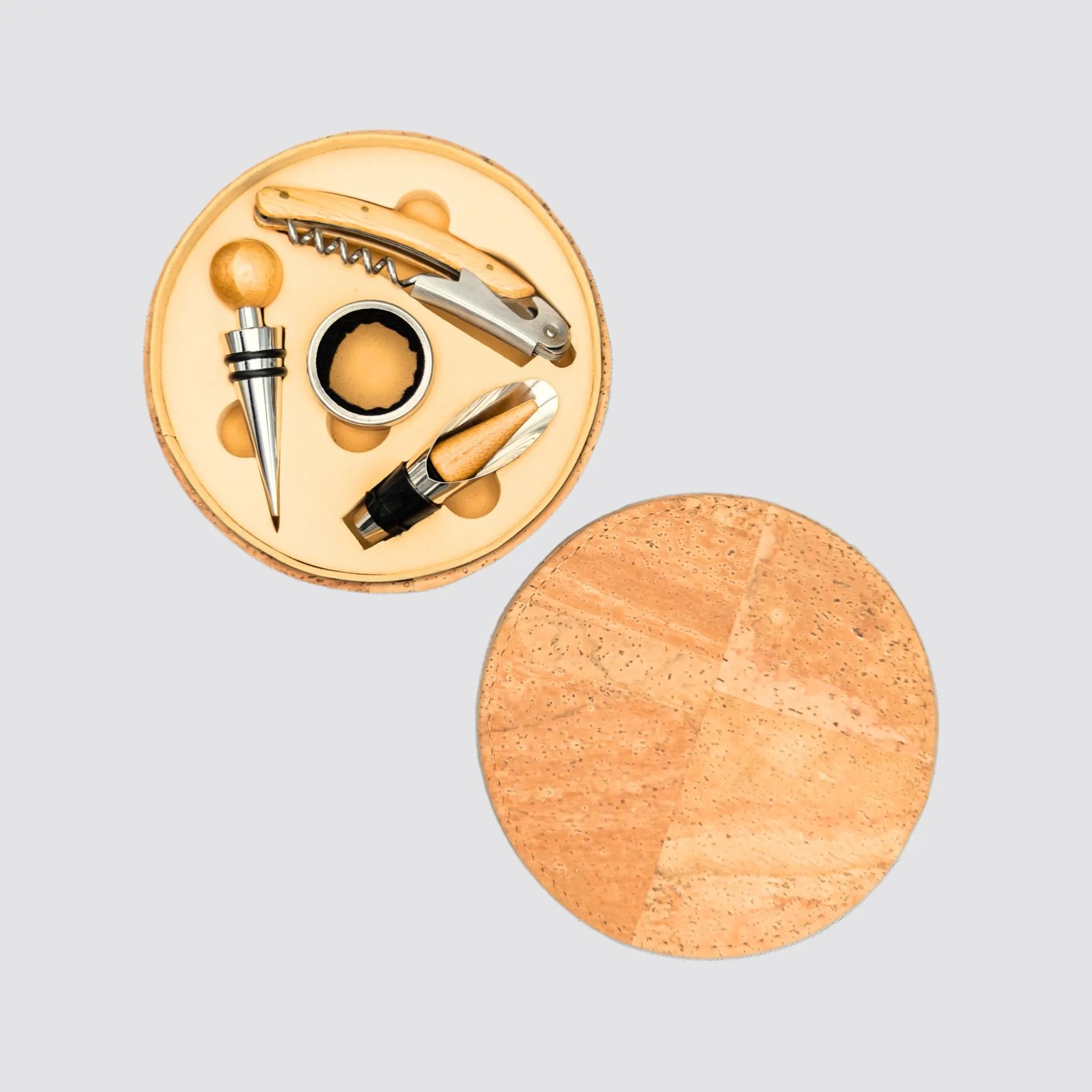 Luxury wine accessory gift set housed in a natural cork box for wine enthusiasts.