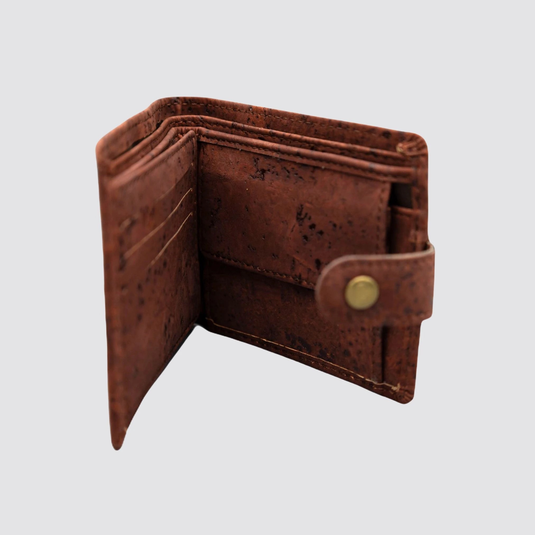 Men's cork wallet showing 6 card slots, an ID slot, and a snap-button coin pocket for organized storage.