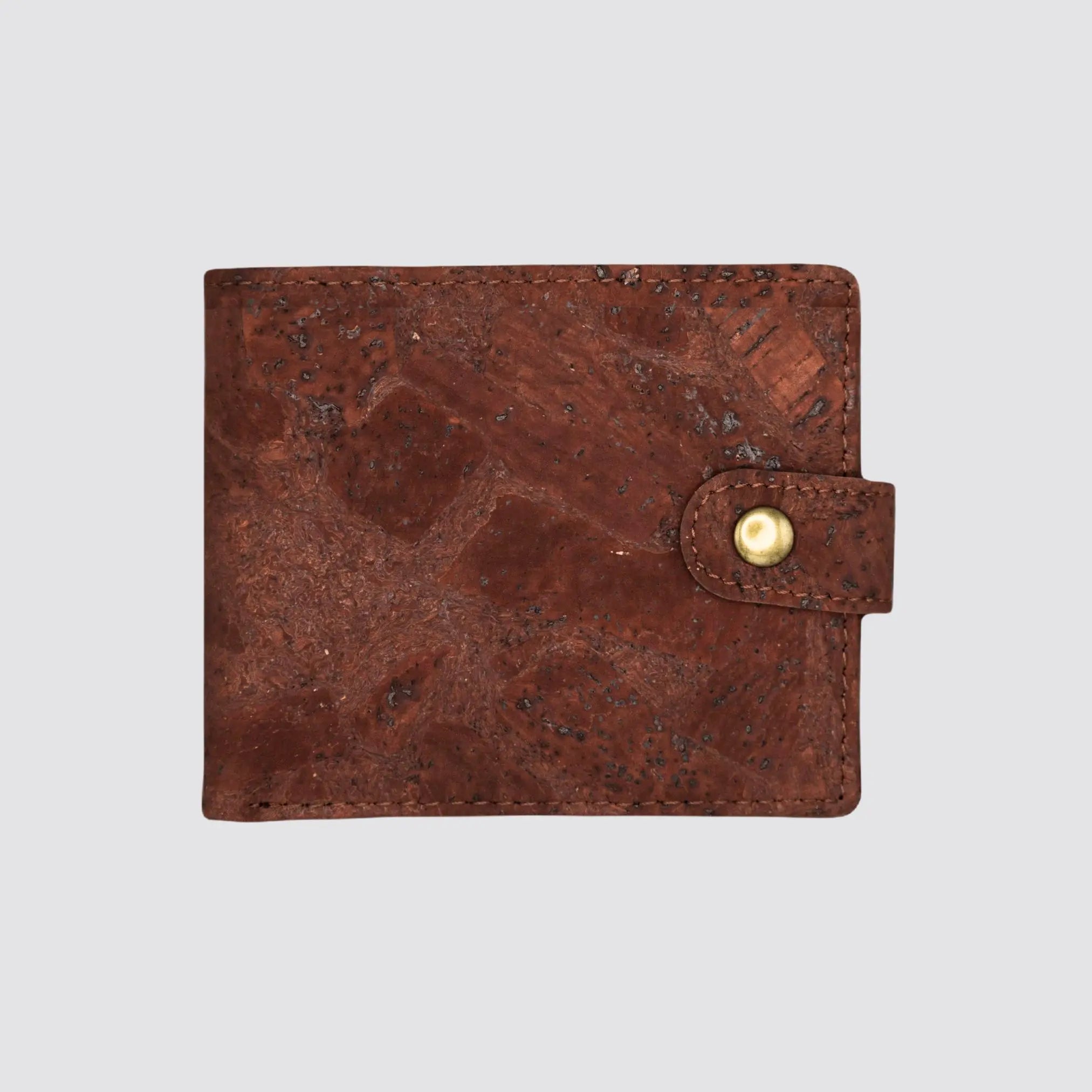 Front view of the men's vegan brown cork wallet, showcasing its timeless sustainable luxury design.