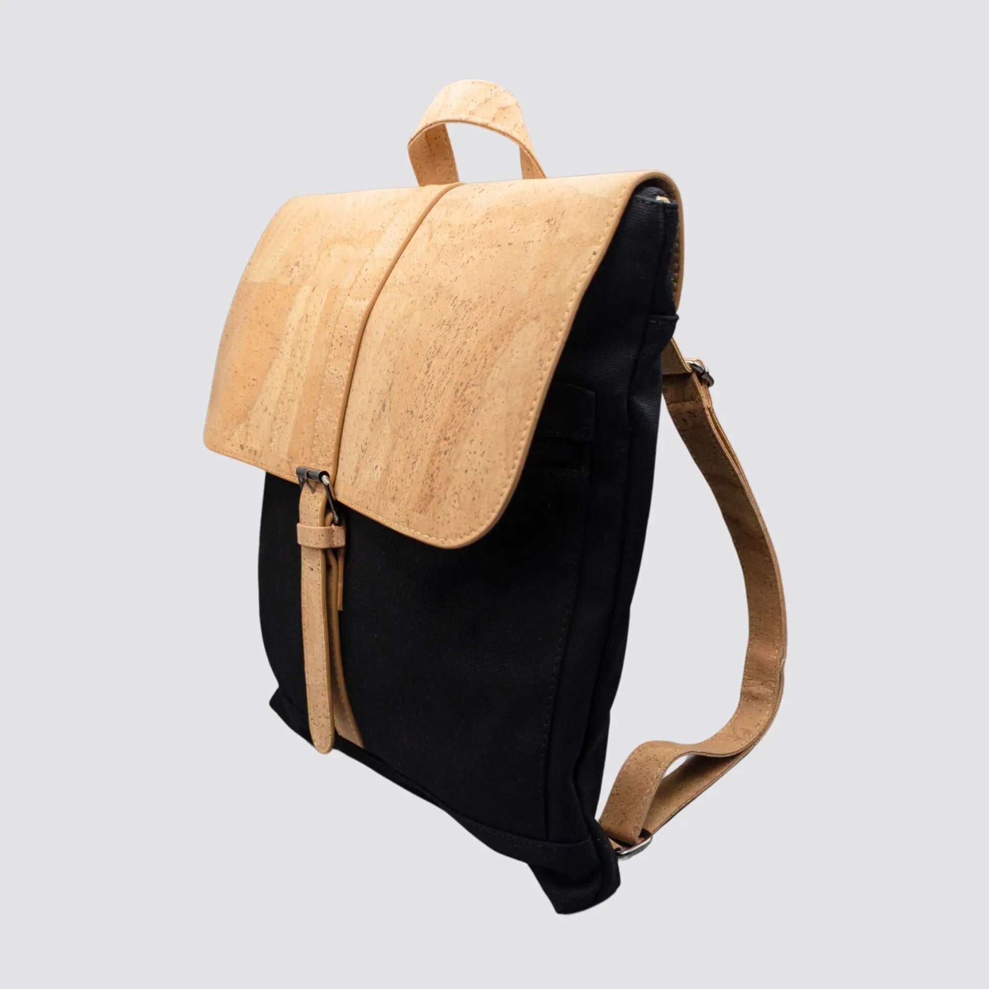 Modern minimalist laptop backpack with adjustable cork shoulder straps.