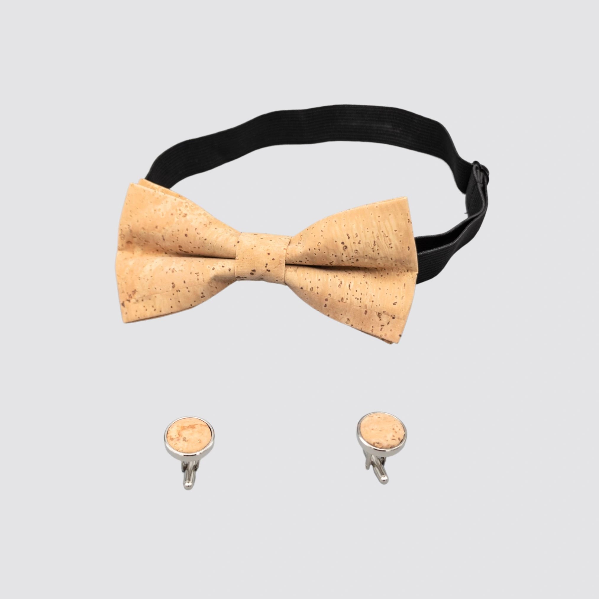 Natural cork bow tie and cufflink set for sustainable formal style.