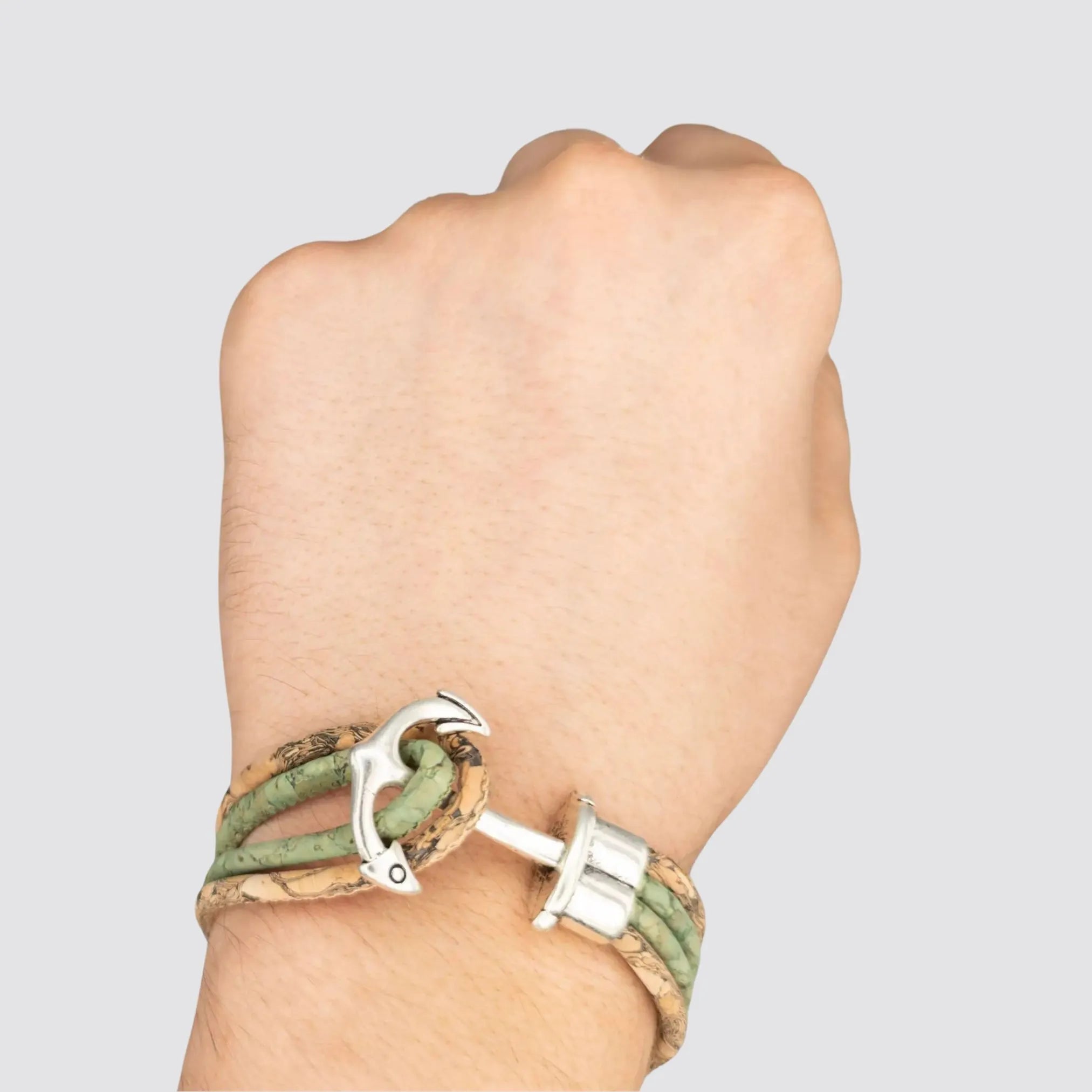 Natural cork bracelet worn on a wrist, illustrating its unisex appeal.