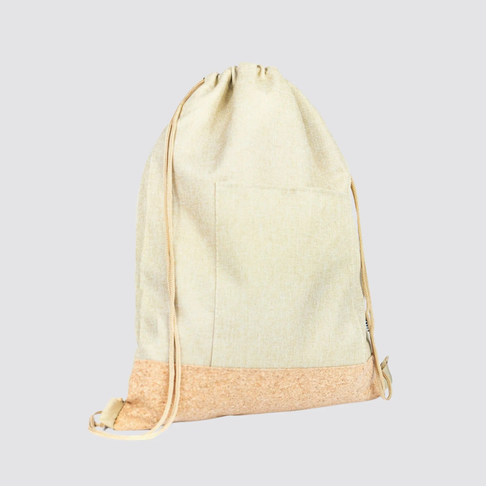 Side profile of the drawstring bag highlighting the combination of natural materials.