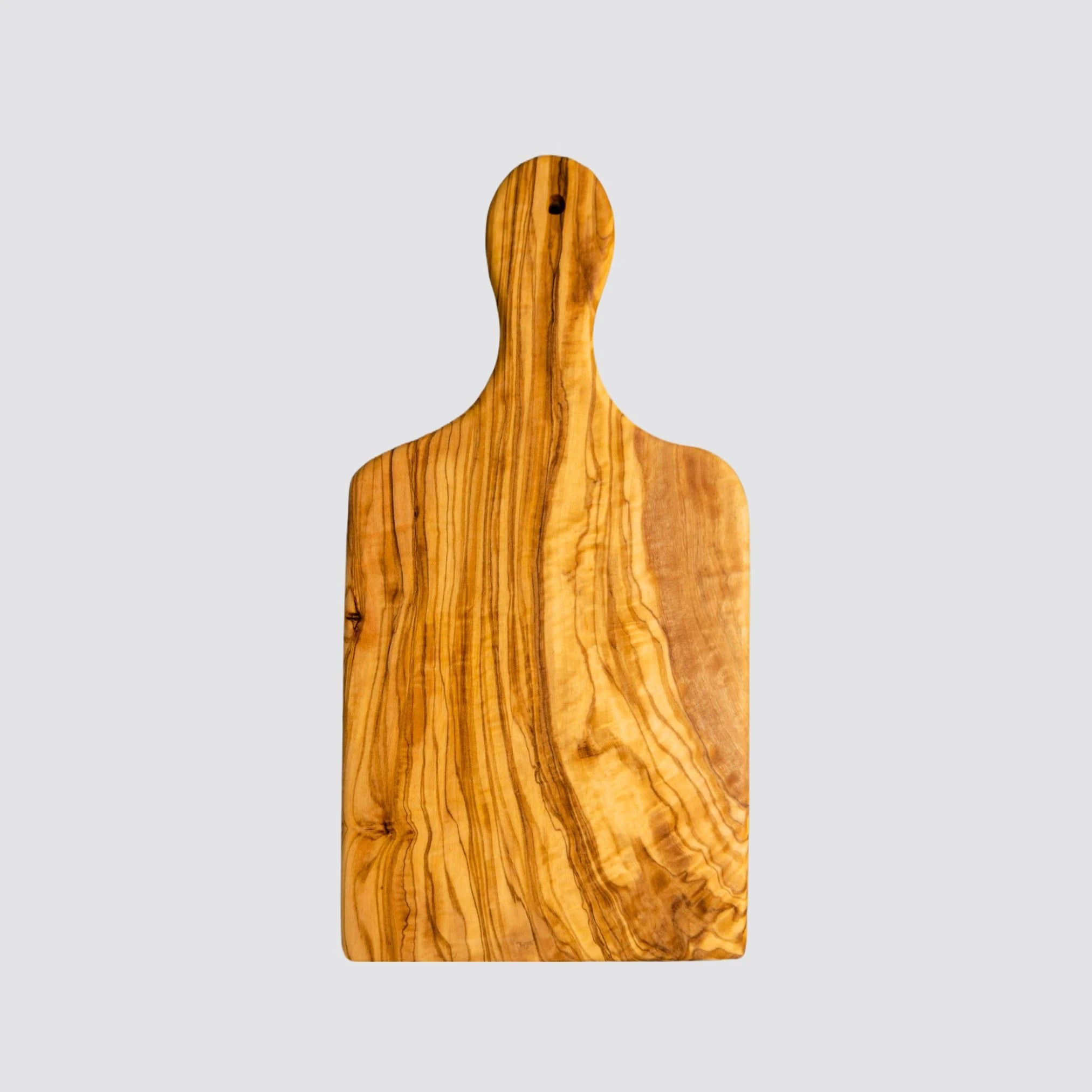 This elegant cutting and serving board is made of premium quality olive wood and has a handle.