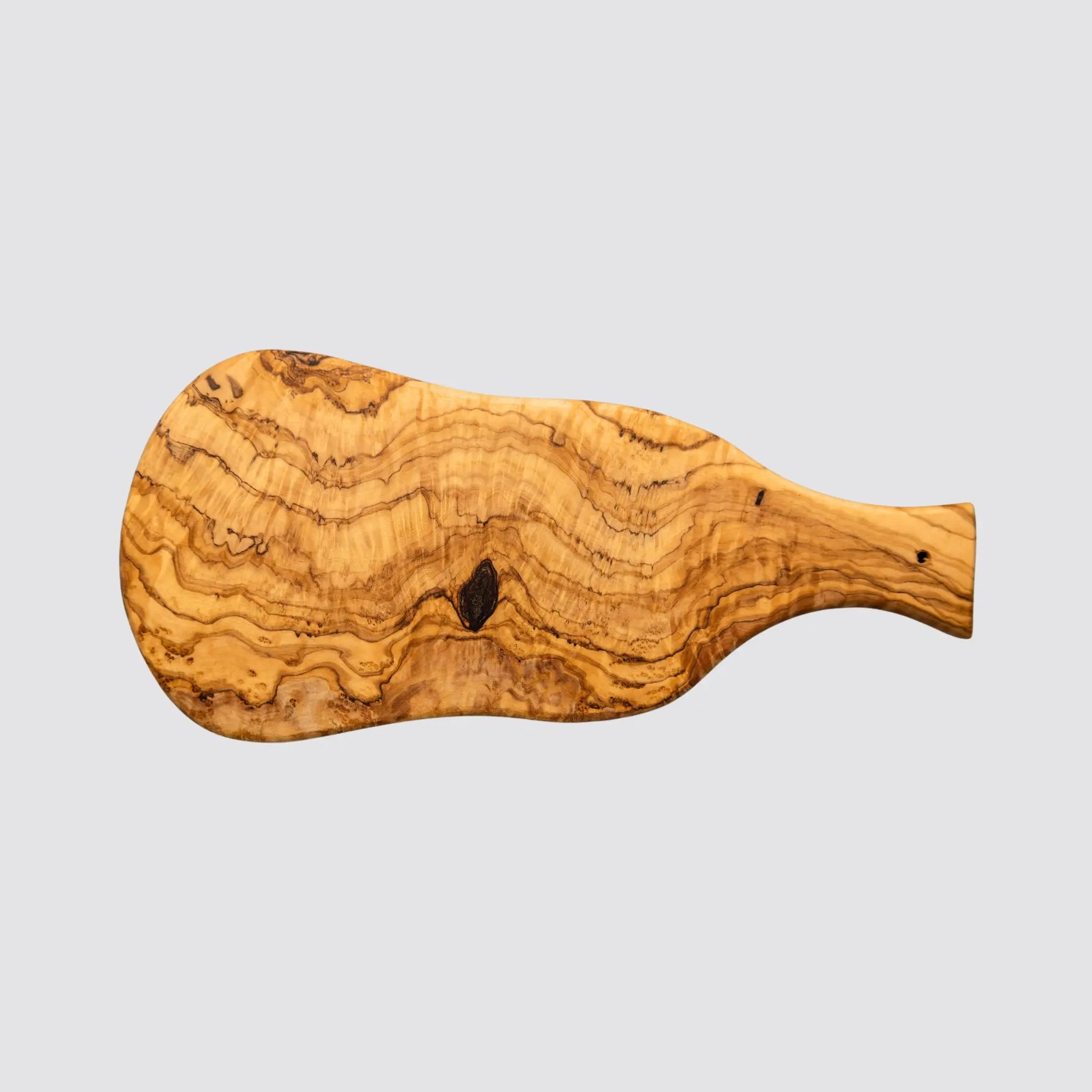 Olive wood breakfast board with a handle and unique grain patterns.