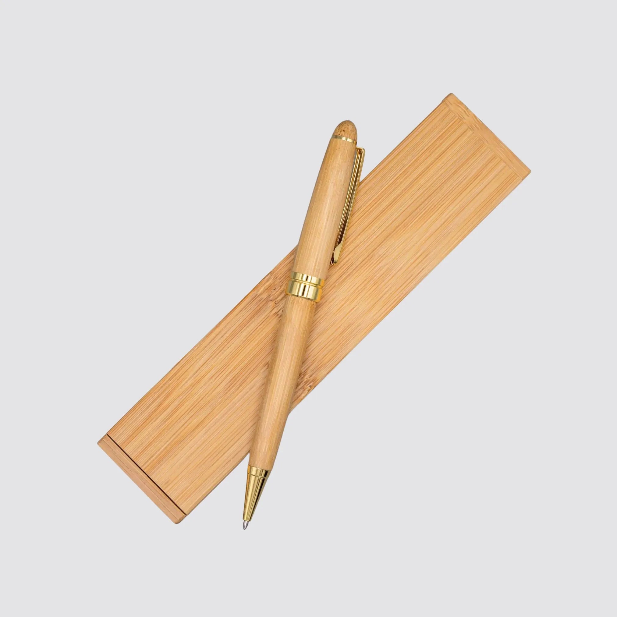 Front view of a personalised bamboo ballpoint pen and gift box set, showcasing elegant design.